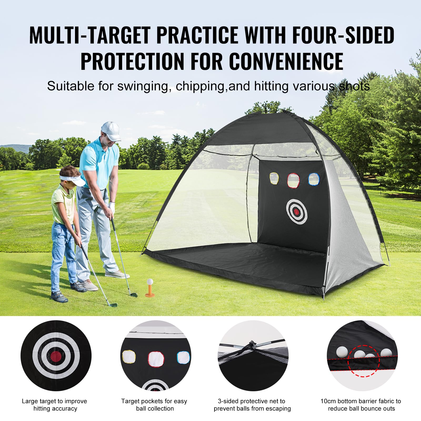 VEVOR Golfnetz, 3 x 2,1 m, All-in-1-Golfübungsnetz, Golfschwungtraining für drinnen und draußen zu Hause, Golfschlaghilfenetz mit Zielscheibe/Rasenmatte/Bällen/Tee/Tragetasche, für Driving- und Chippi