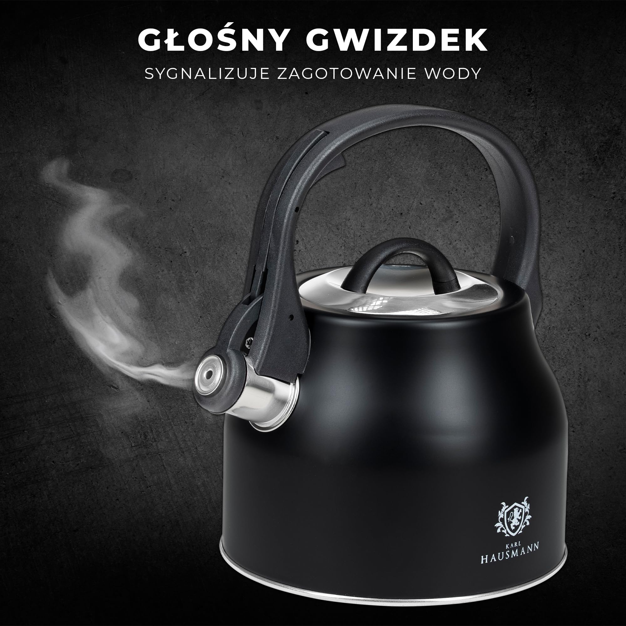 KARL HAUSMANN Czajnik Stalowy - 2.3L - na Kuchenkę Indukcyjną, Gazową i Elektryczną - Uchwyt Cool-Touch - do Herbaty, Kawy - z Gwizdkiem i Pokrywką - Odporny na Zarysowania