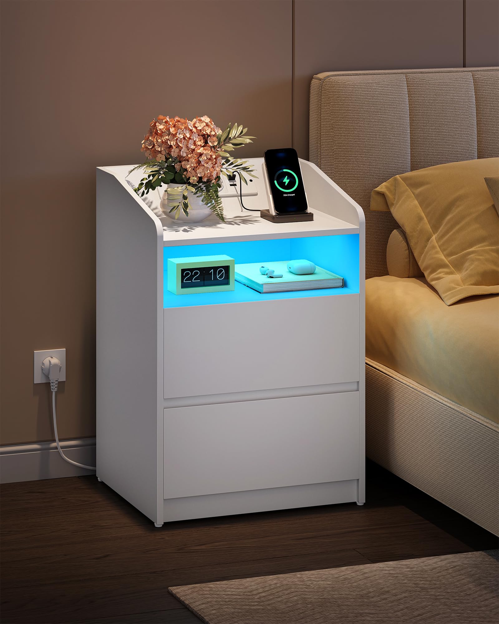 Hzuaneri Comodino Set di 2, 2 Cassetti, Luce LED, Presa Elettrica, Bianco | 1 Vano Aperto, Comodini Camera da Letto, 2 Prese AC, 2 Porte USB, 35 x 40 x 58 cm, NS60103XEU