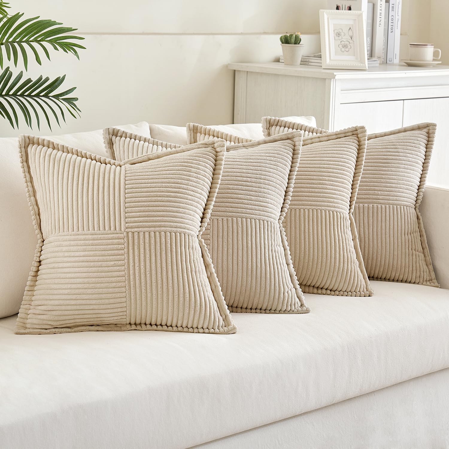 MIULEE 4er Set Kissenbezug 50×50cm Kordsamt Biese Patchwork Beige Serie – Ansicht 6