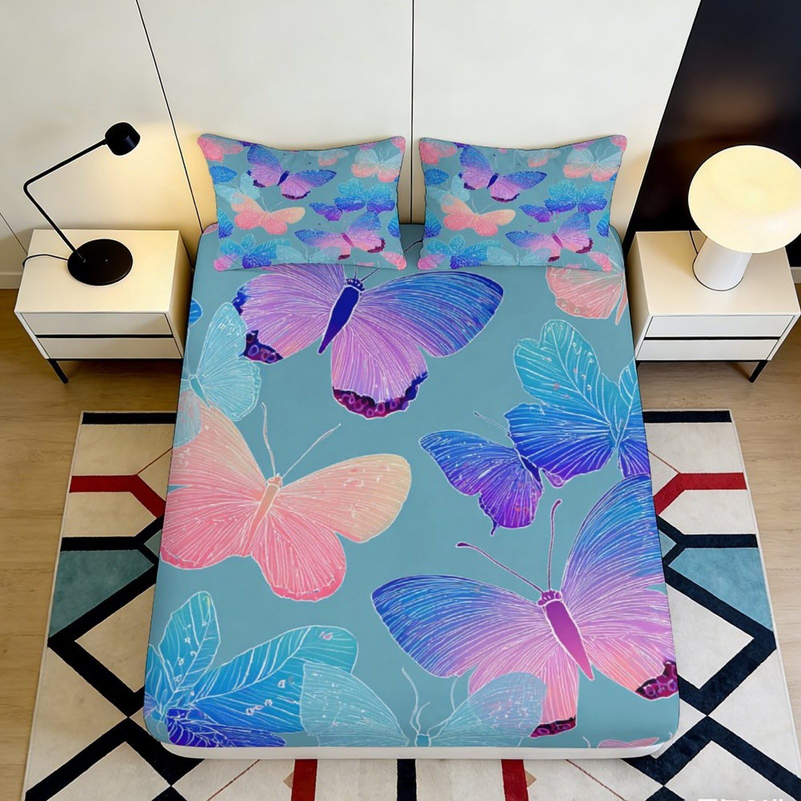 3D Printed Butterfly Pattern Fitted Sheet Microfiber Soft Breathable Pastel Butterfly Bed Cover for Bedroom Dormitory Guest Room Mattress Protection 140x200x25cm