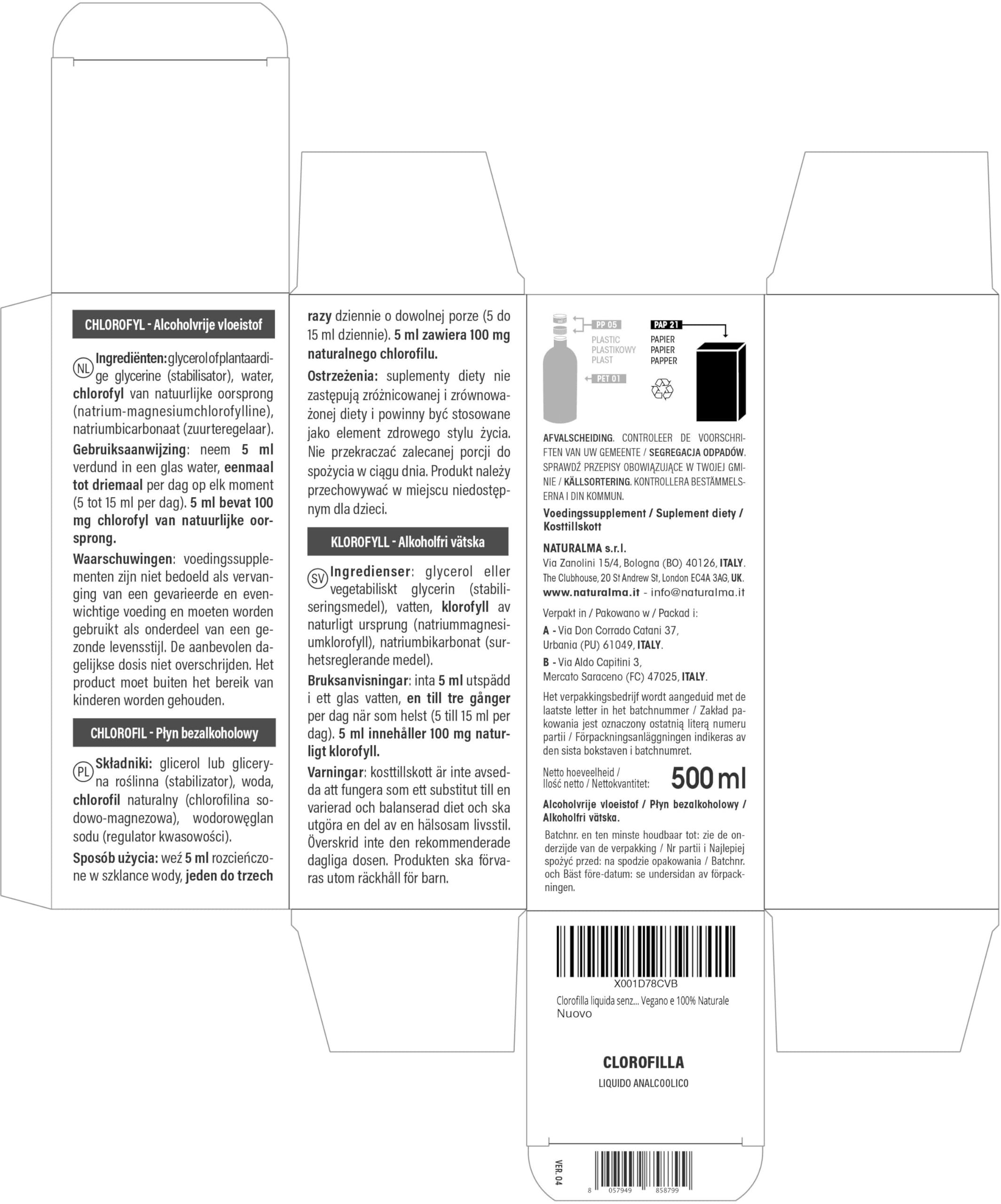 Chlorophylle Naturalma - Liquide sans alcool 500 ml - Complément alimentaire - Végétalien et 100% naturel