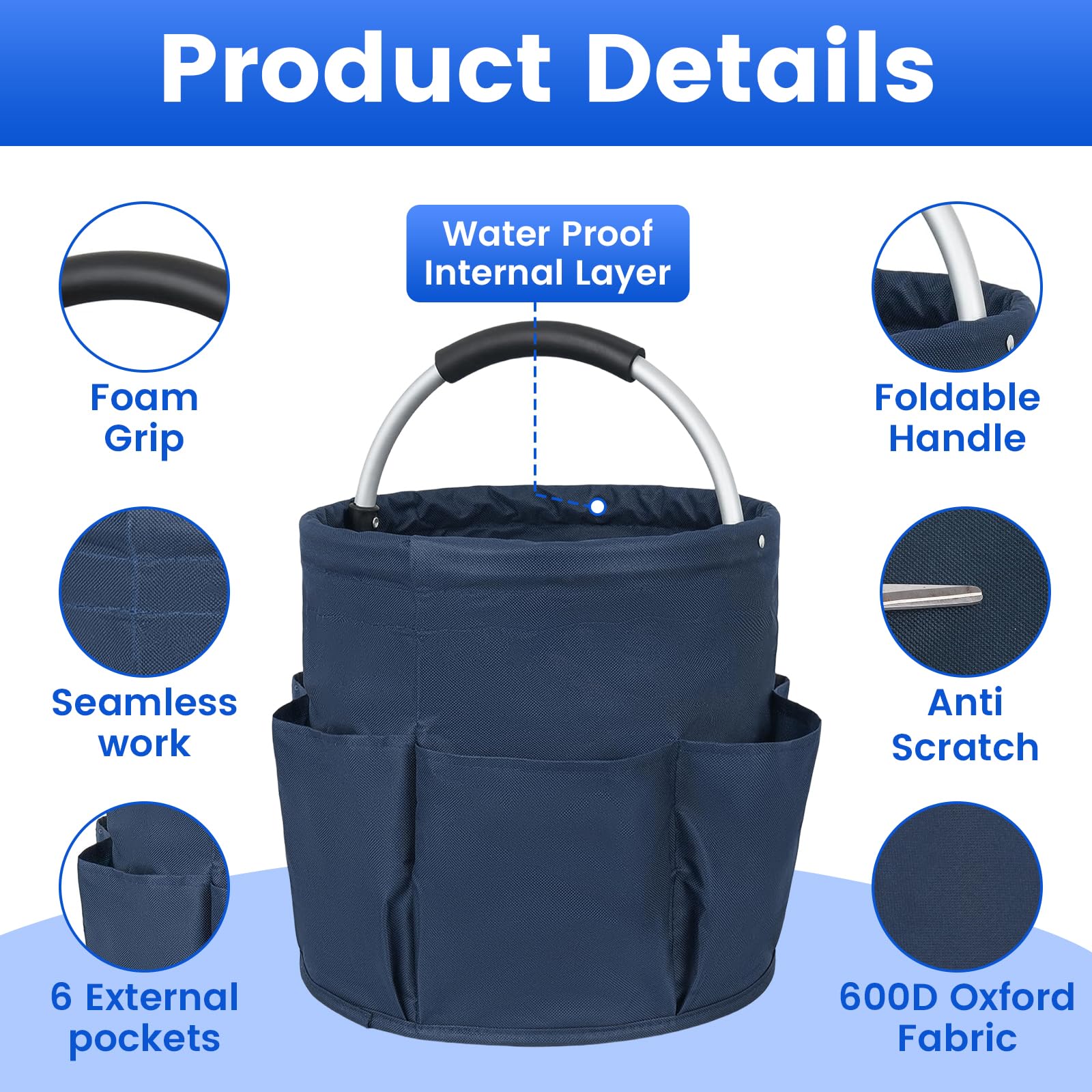 Carello Pulizie con Manico,2 Cestini Porta Atrezzi con 6 Tasche Esterne,Borsa Organizer Pieghevole Sacca Portaoggetti Borsa per Utensili di Pulizia,Contenitore per Pulizia Professionale,Blu
