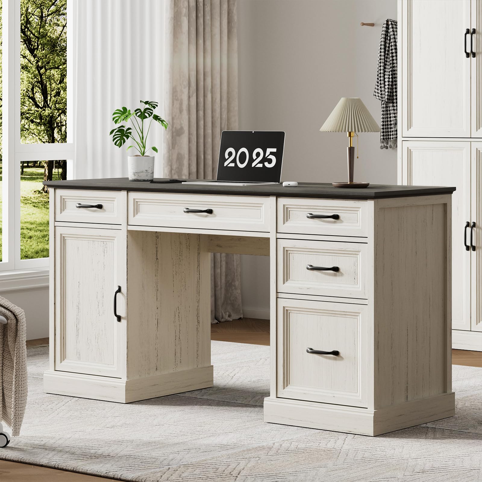 Tradare 58" Farmhouse Executive Desk, Wood Home Office Desk with Drawers & File Cabinet, Embossed Texture Storage Organizer Computer Desk for Working,