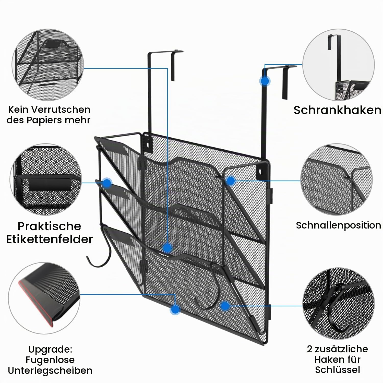 BOHDK Wandordner, 3 Taschen, Hängeregistratur-Organizer, faltbarer Netz-Aktenordner mit Beschriftungsfeld, 2 Haken, Wandhalterung und Türaufhängung für Büro und Zuhause