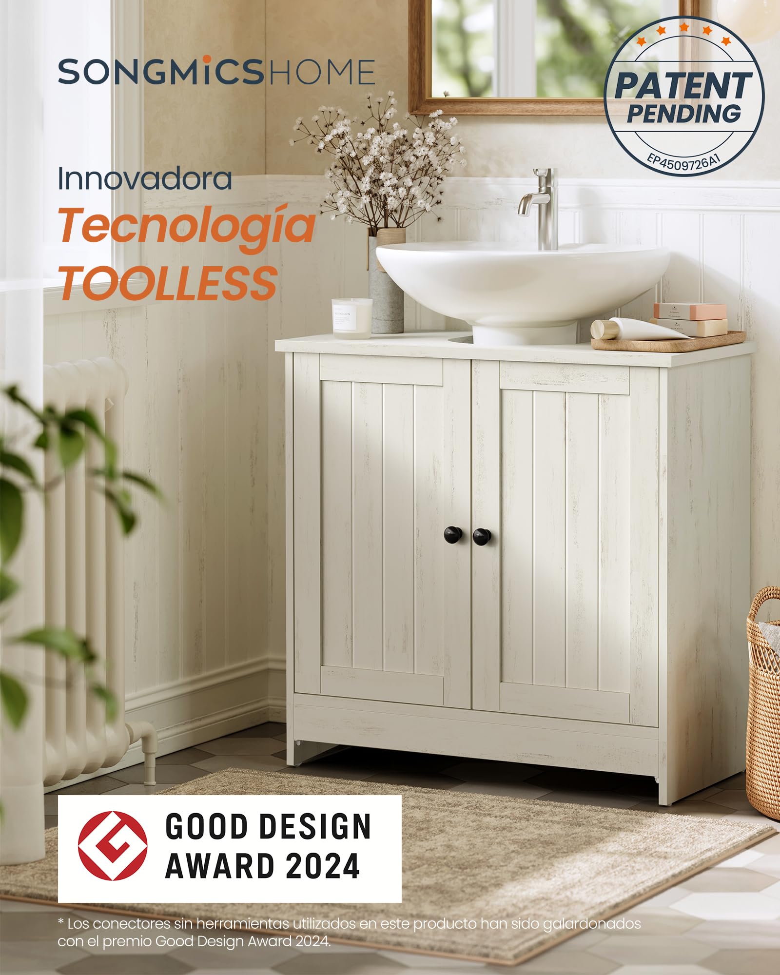 SONGMICS Home Mueble Bajo Lavabo para Baño, Montaje Súper Rápido Sin Herramientas Toolless, Armario con Estante Ajustable, para Lavabos con o sin Pedestal, Blanco Rústico BBC223WJ01