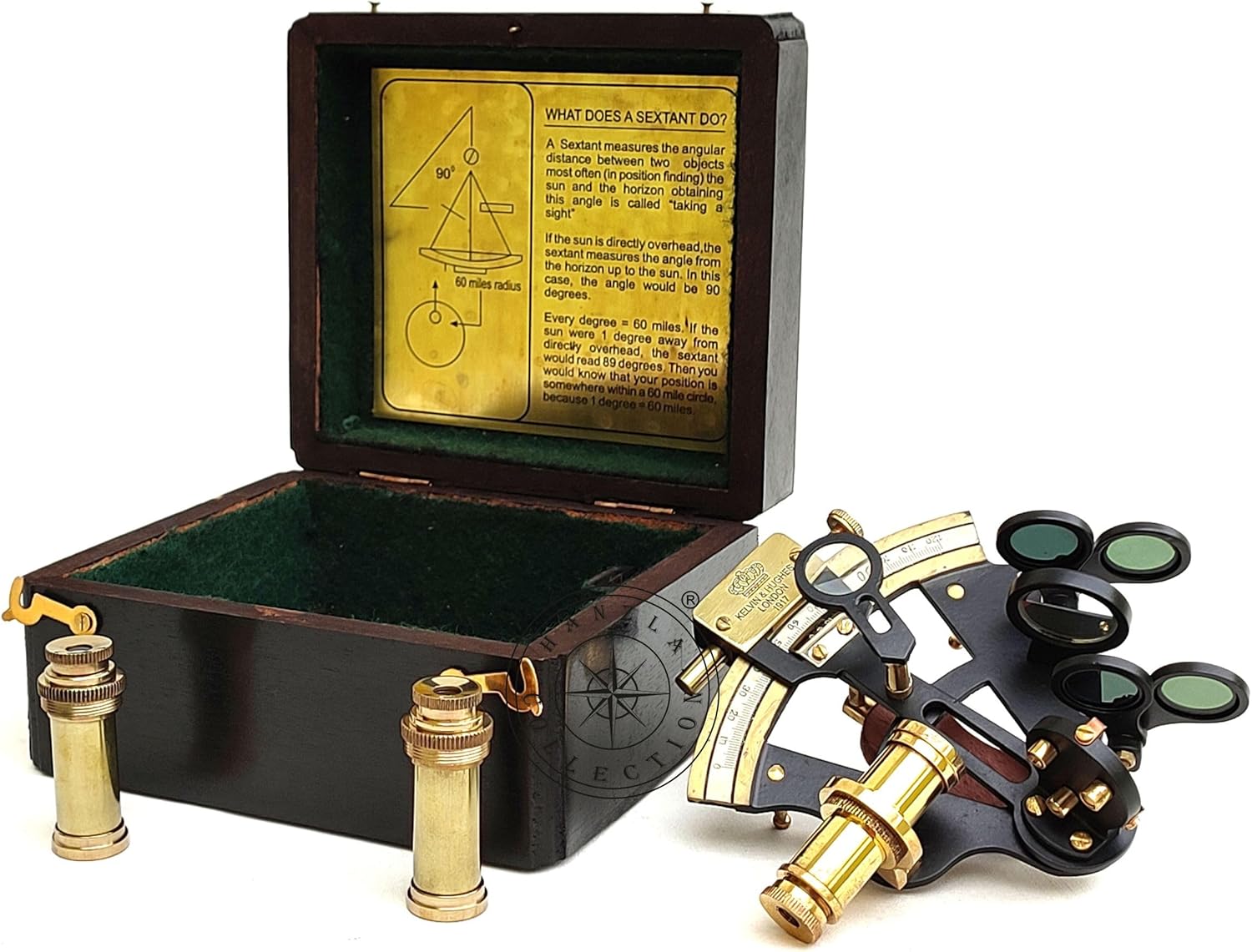 Black Powder Coated Brass Nautical Sextant with Wooden Box & Extra 2 Telescopes, Kelvin & Hughes London Sextant for Mariners Surveyors, Navigation Instruments, Vintage Style Wedding & Graduation Gift