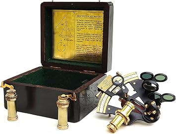Black Powder Coated Brass Nautical Sextant with Wooden Box & Extra 2 Telescopes, Kelvin & Hughes London Sextant for Mariners Surveyors, Navigation Instruments, Vintage Style Wedding & Graduation Gift
