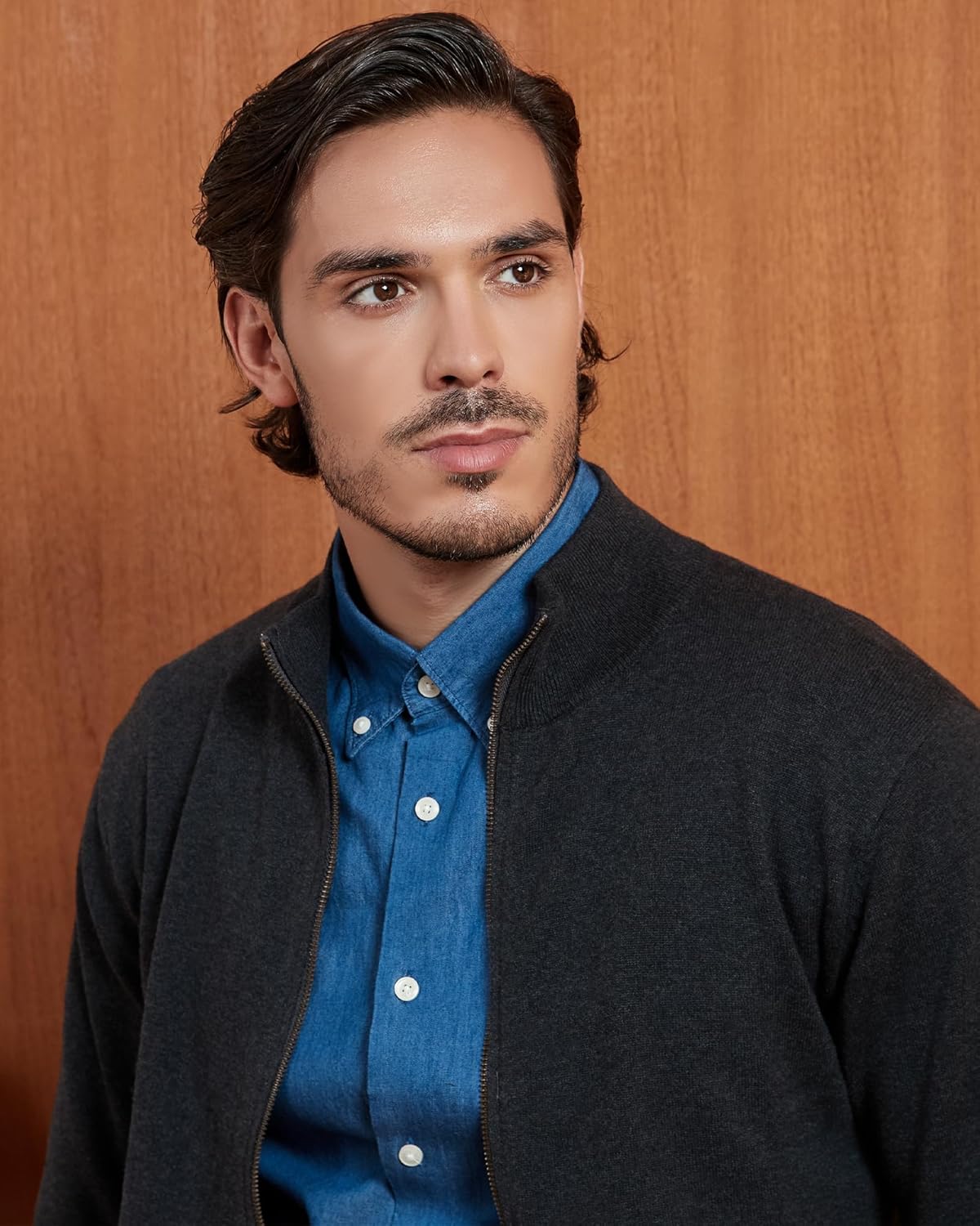 Kallspin Men's Full Zip Up Sweater Cardigan Pure Cotton Stand Collar Sweater Classic Lightweight Cardigan - Image 3