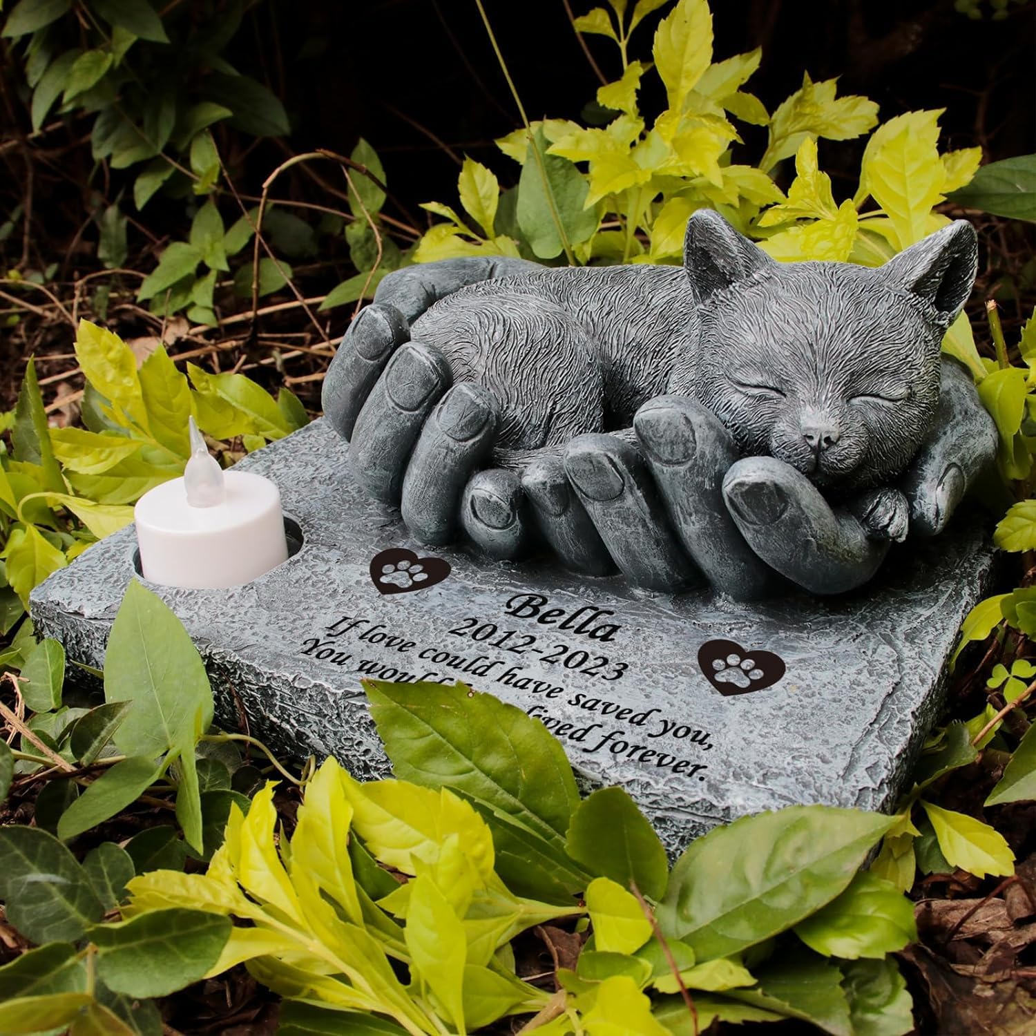 JHB Personalisierte Katzen Gedenksteine, lasergravierte 3D-Statue schlafende Katze, Wasserdicht Katze Grabstein, Katzen Gartensteine, Katze Grab Markierungen,Haustier-Grabstein Kitty, Katzen-Andenken