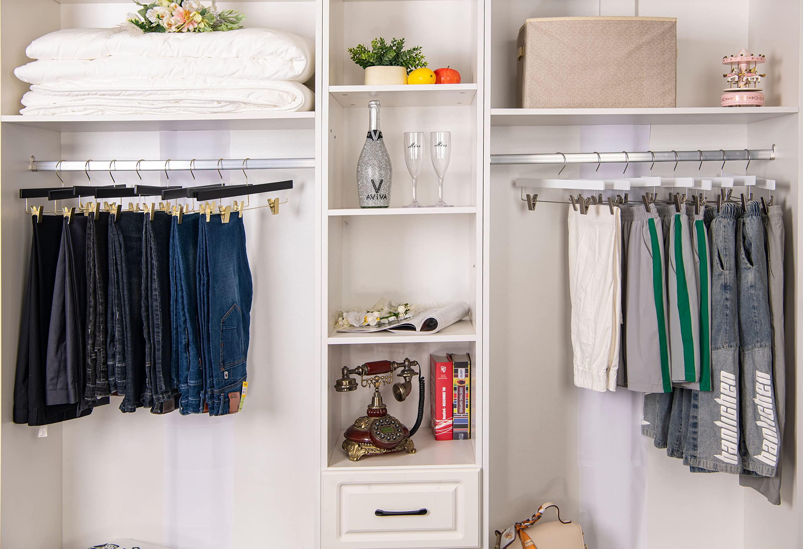 20 perchas de madera ultrafinas para ahorrar espacio con barra cuadrada para pantalones, lo mejor para camisas, blusas, pantalones, vestidos, perchas color blanco (blanco, falda, 20)