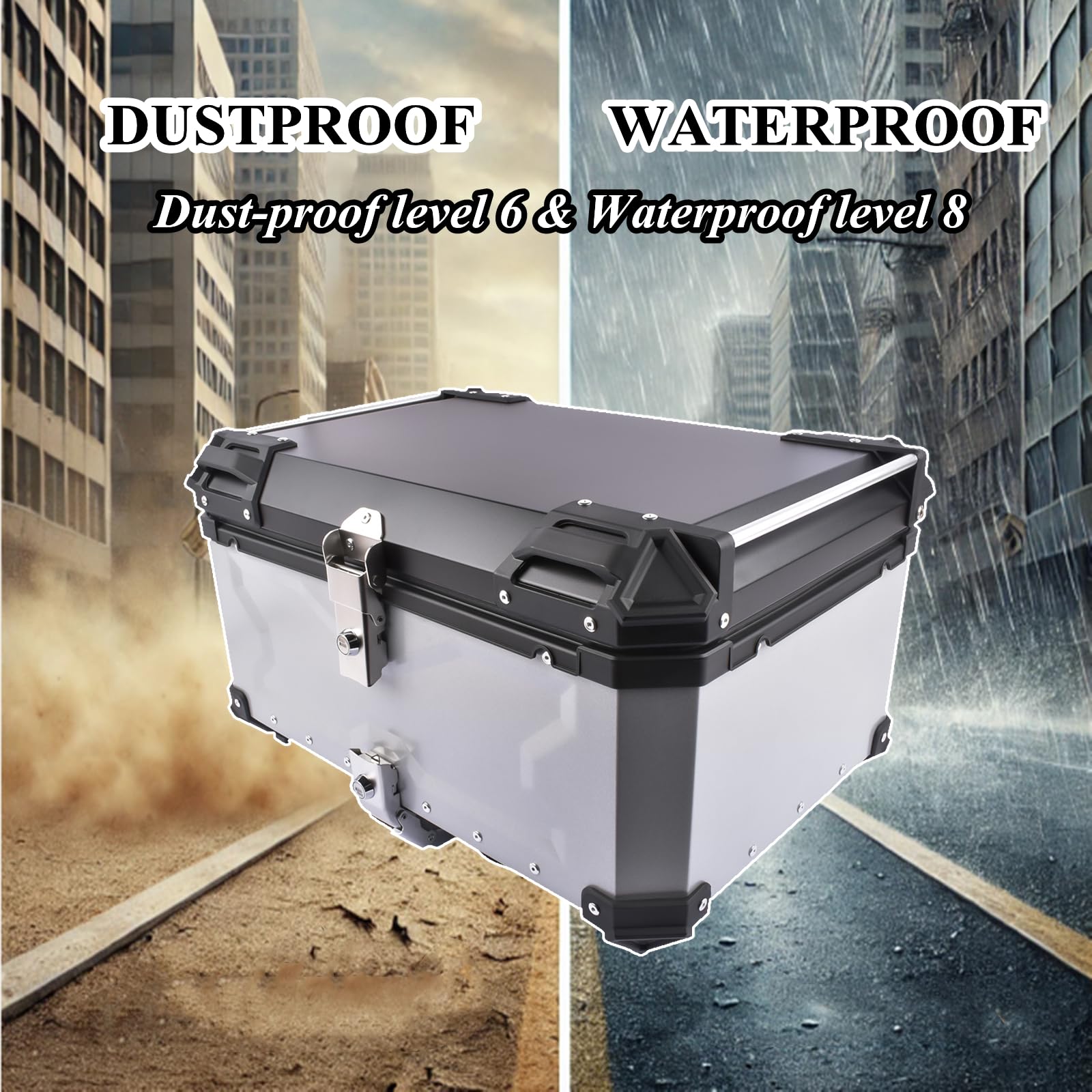 Silberner 65L Motorradkoffer, Aluminium wasserdichte Universal Motorradkoffer für Motorrad Gepäckbox mit Sicherheitsschloss zur Aufbewahrung von Helmen
