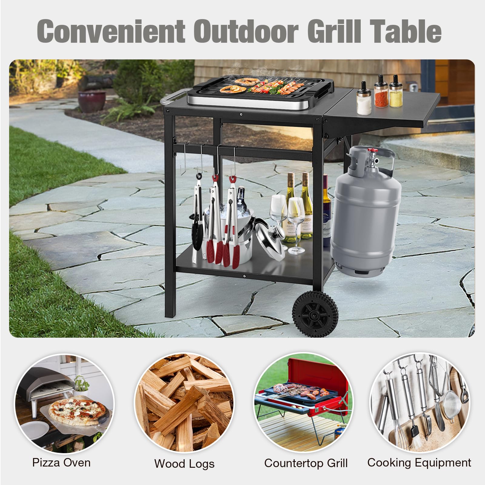 KOMFOTTEU Chariot pour Barbecue avec Plateau Pliable, 2 Étagères, Desserte de Jardin avec Porte-Serviettes et Crochets, Desserte d’Extérieur avec 2 roulettes, 96,5 x 64 x 75,5 cm, Noir