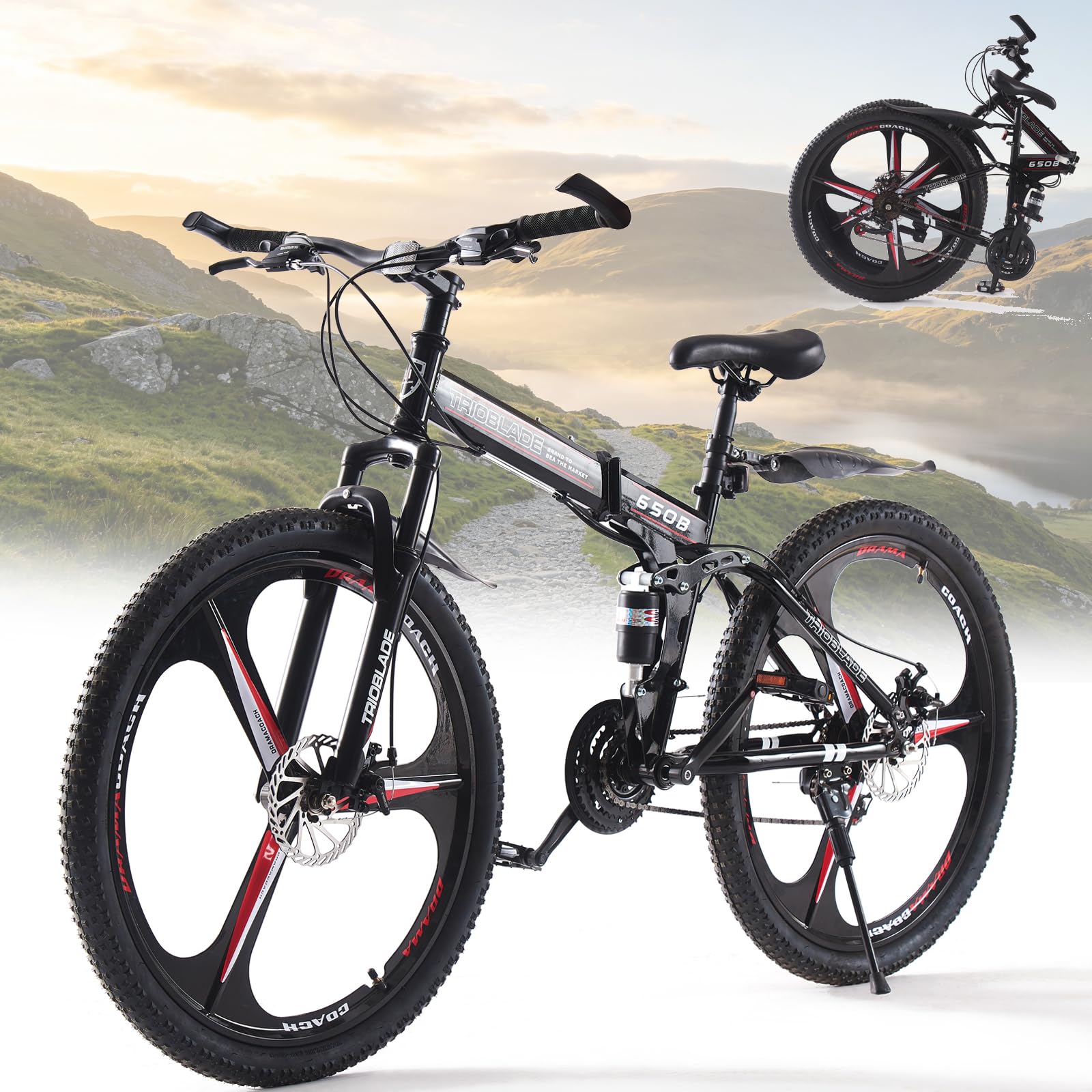 BSTSEL 24 26 27.5Inch Adult Folding Mountain Bike, Dual Suspension Mountain Bikes with 3-Spoke Wheel, 21 Speed Mens and Womens Foldable Mountain Bicycle (24 inch Black&Red)