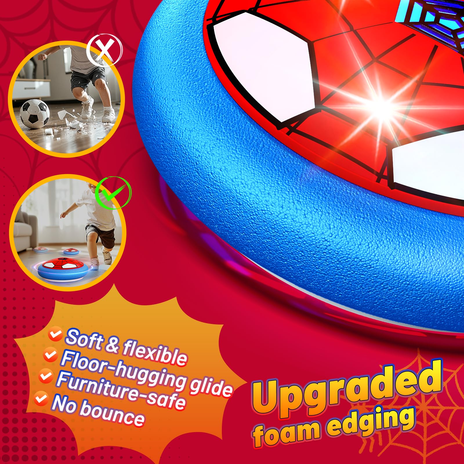 Spider Ballon de Foot Aéroglisseur, Air Power Football Enfant Jouet Garçon | Hover Ball Rechargeable avec Lumière LED Soccer Aire de Jeux Intérieur Extérieur Cadeau Noël Anniversaire 3 4 5 6 7 8 9 Ans