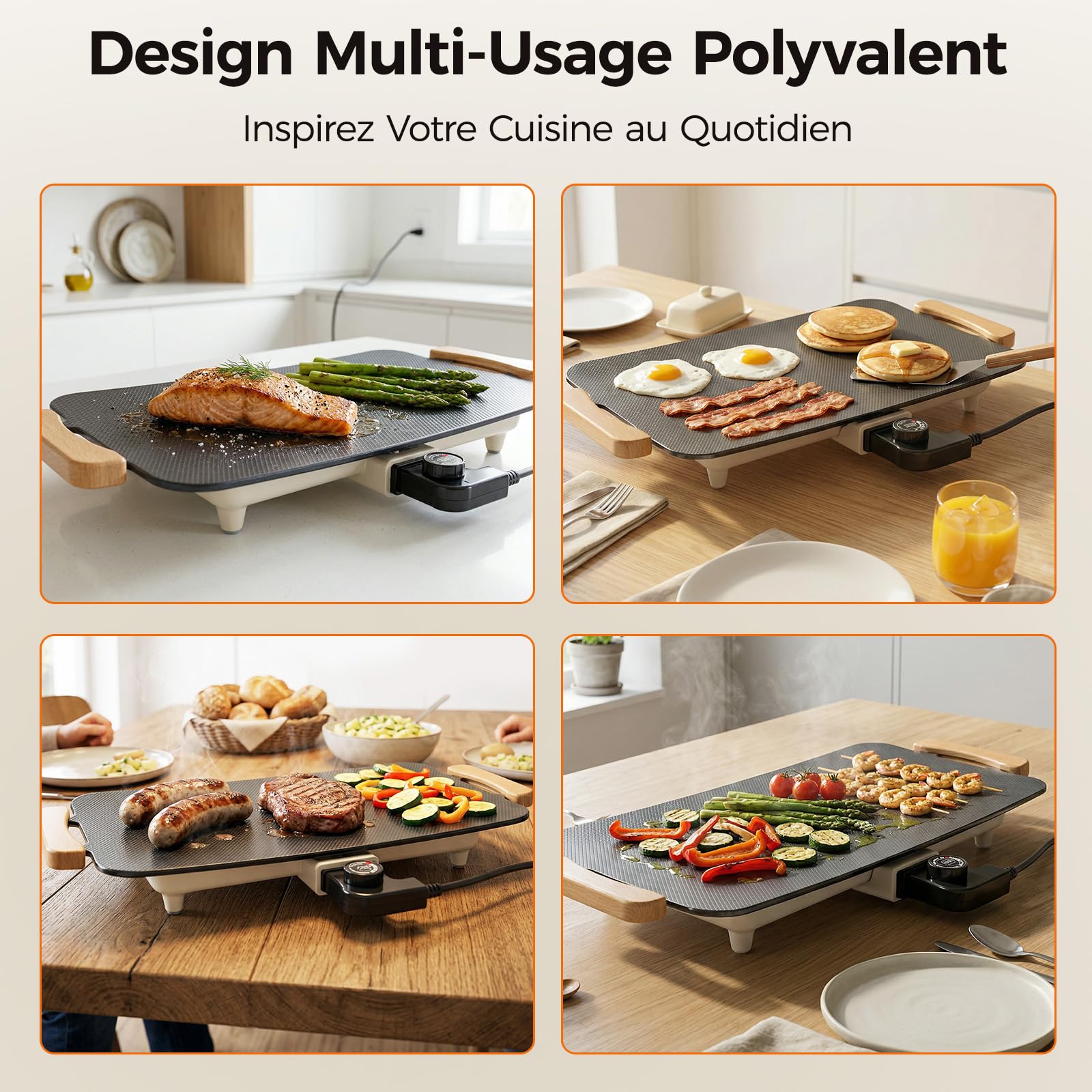 WOOX 1380W Plancha Électrique – Grande Surface (51x30 cm), Antiadhésif, Idéal Repas Famille, Pancakes & Grillades, Chauffe Rapide, Sans PFAS, Poignées en Chêne, Facile à Nettoyer