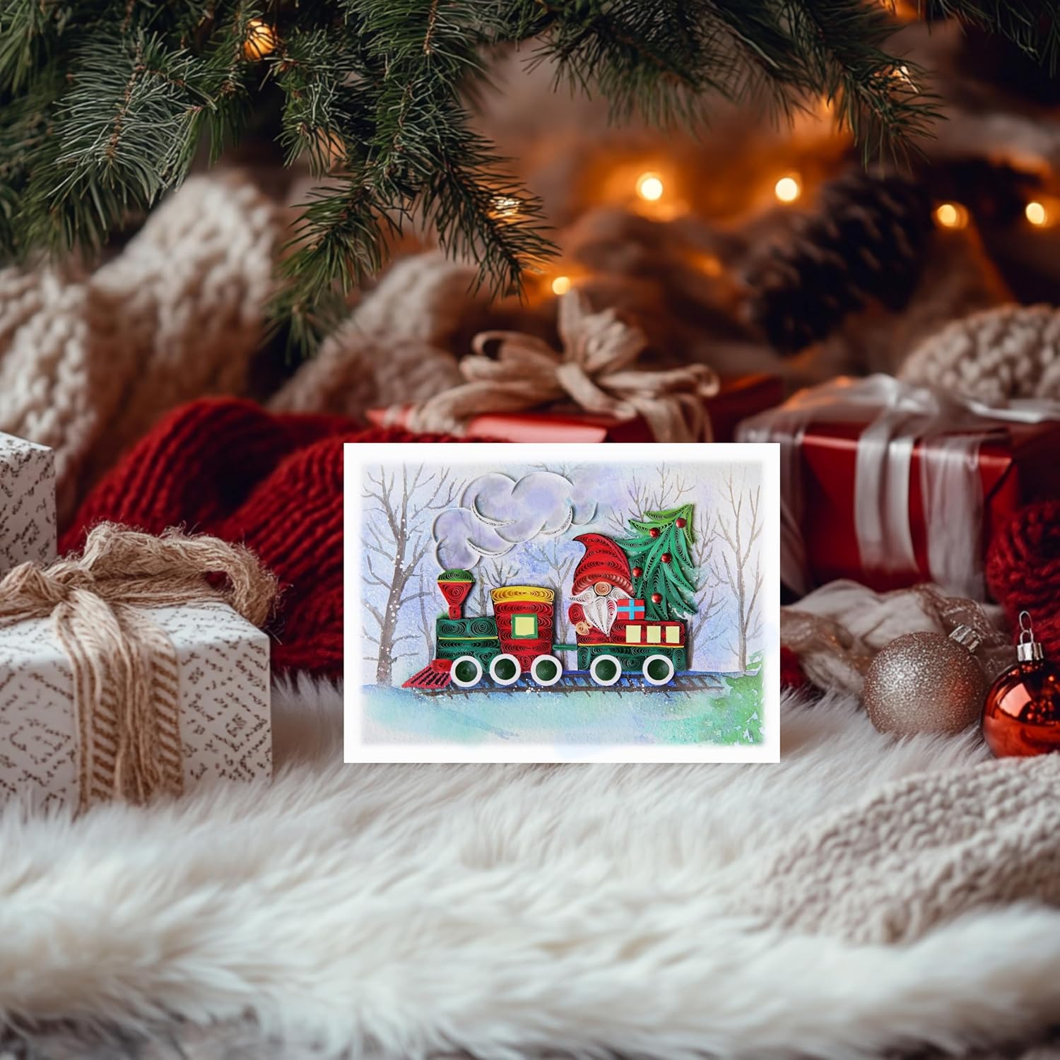 Santa and Train Christmas Quill Card, Merry Xmas Religious Greeting Quilling Quilled Card for Holiday, New Year, Mom, Dad, Grandma, Friend, Boss (Santa and Train) - Image 2