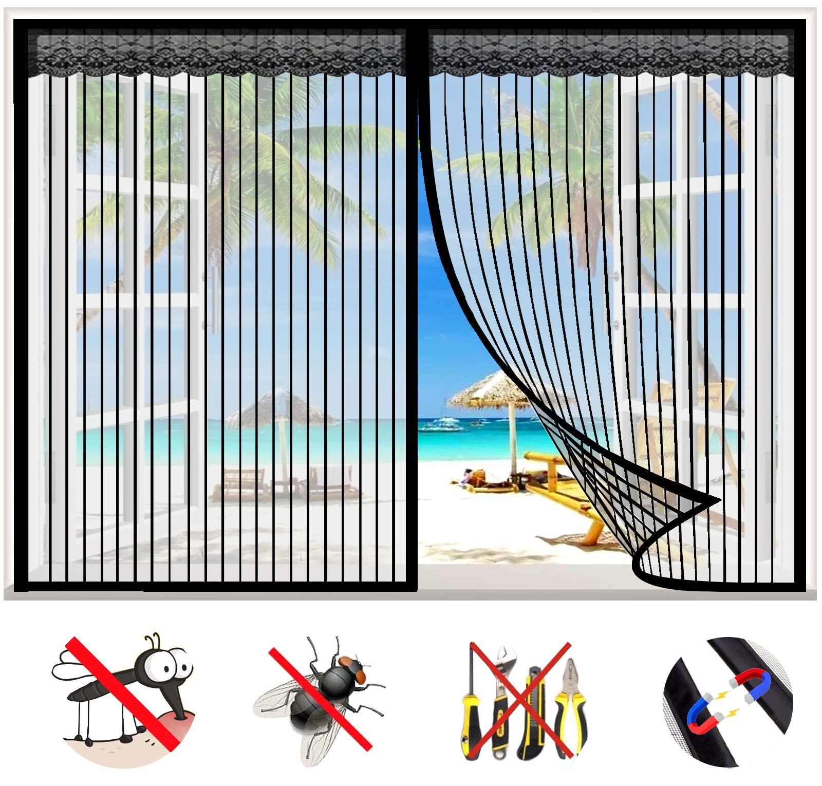 Moustiquaire Fenêtre Magnétique, Automatiquementfermé, Moustiquaire Porte Fenetre Sans Percer, Pour La Plupart Les Types De FenêTres Ou Porte De Balcon, Noir-(31x47inch)80x120cm