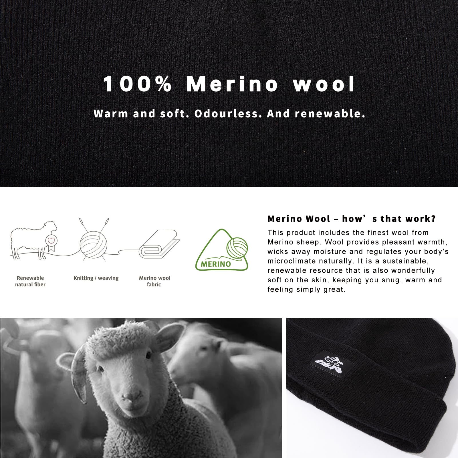 TOP-EX Bonnet 100 % laine mérinos pour homme et femme avec doublure en polaire thermique pour temps froid, ski, course à pied, chasse, marche