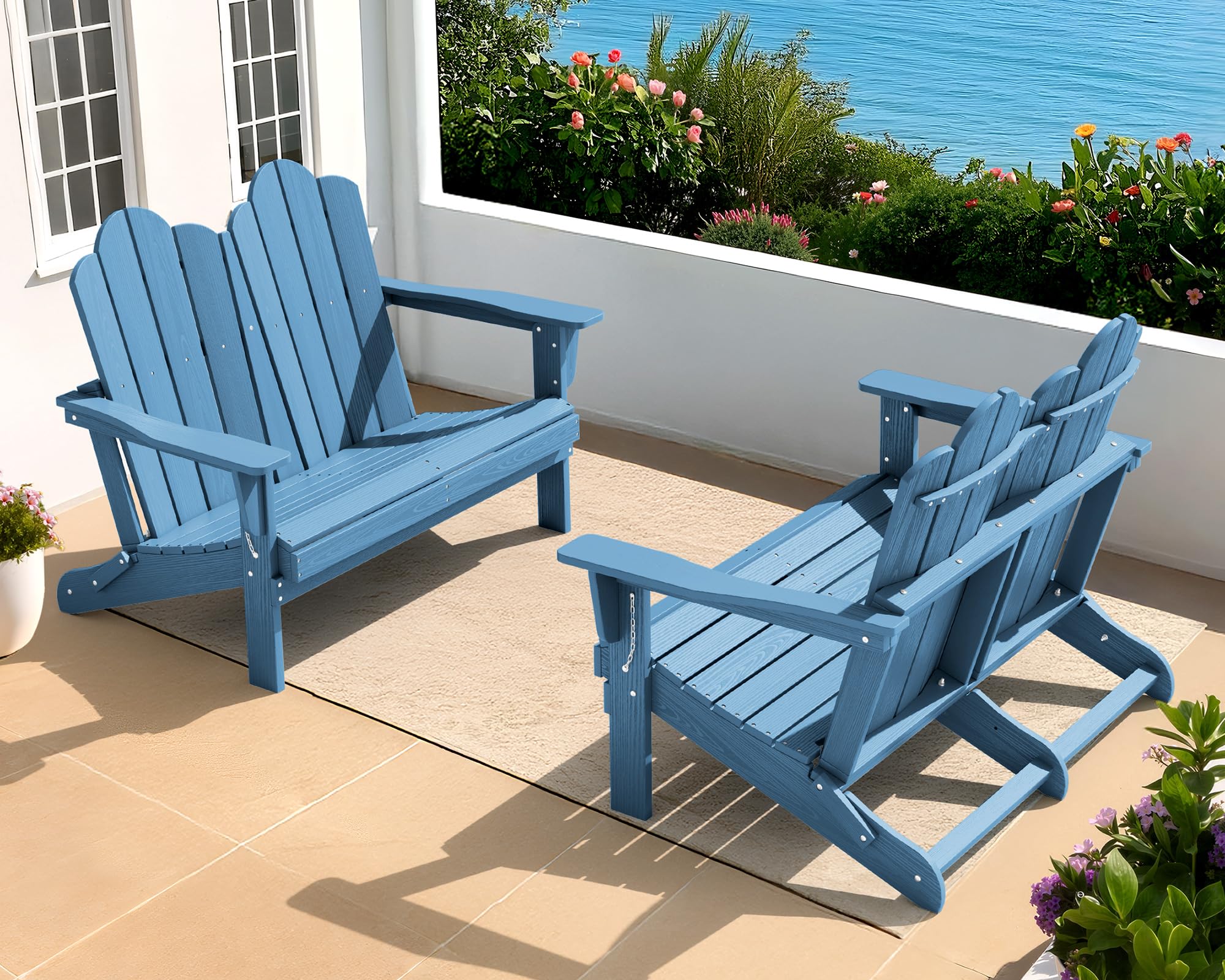 SERWALL HDPE All-Weather Folding Adirondack Bench Set of 2, Navy