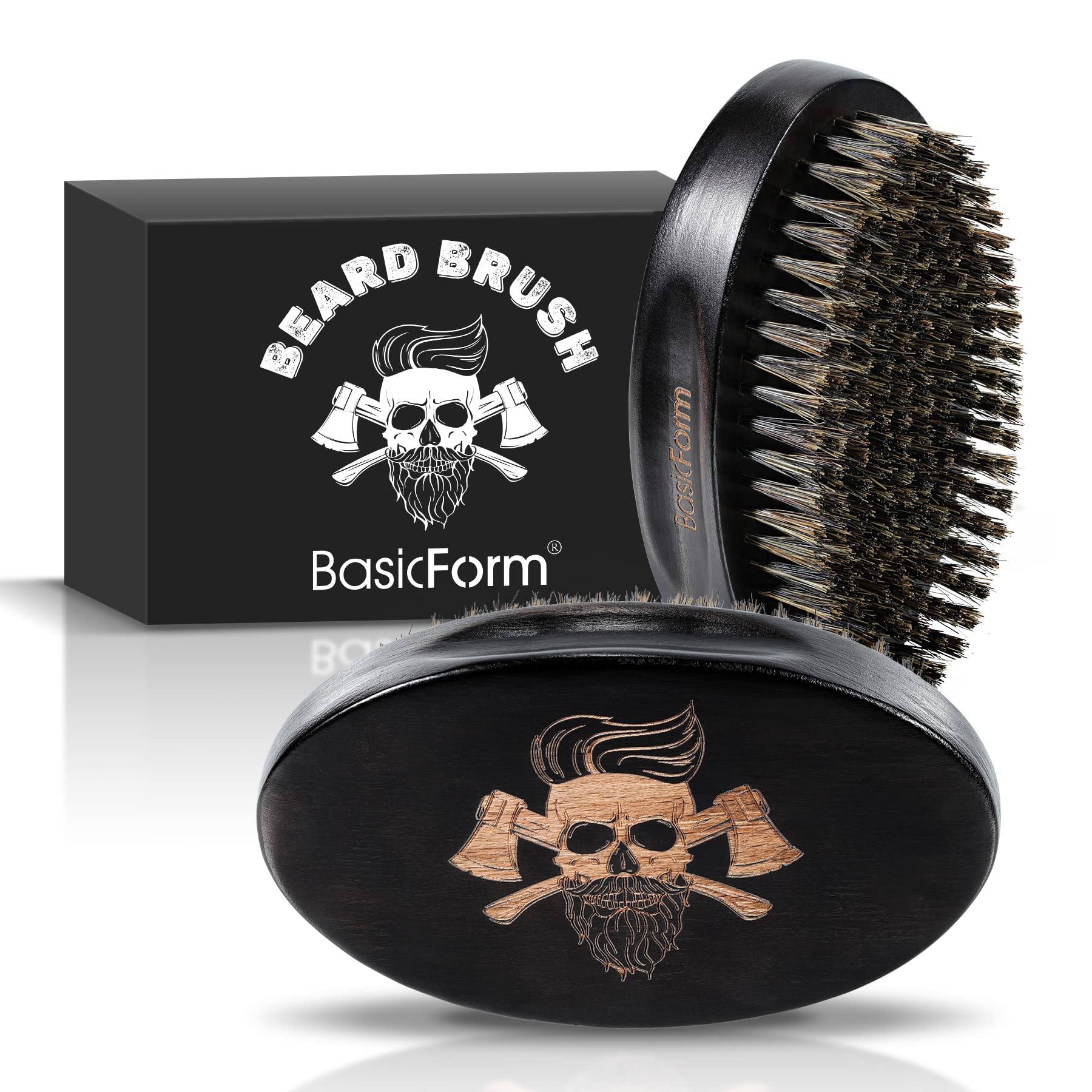 BasicForm Beard Brush for Men with Stiff Boar Bristles, Military Style, Skull and Axe Engraved, Suitable for All Types of Beard