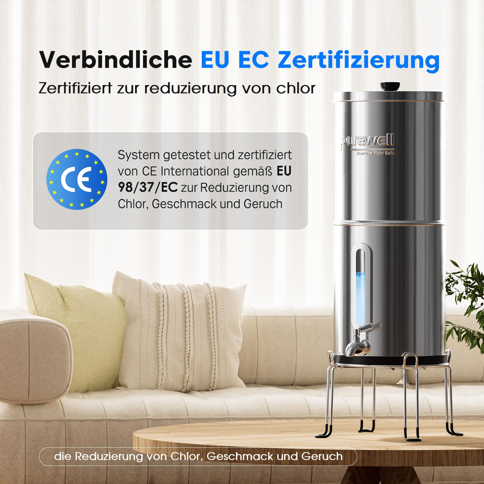 Purewell Schwerkraft-Wasserfilter 8,5L – 8-Stufen-Filtersystem mit 4 Filtern (gegen Fluorid & Chlor) + Wasserstandsanzeige Stromfreier Wasserreiniger für Familie & Notfall – Ideal für Camping