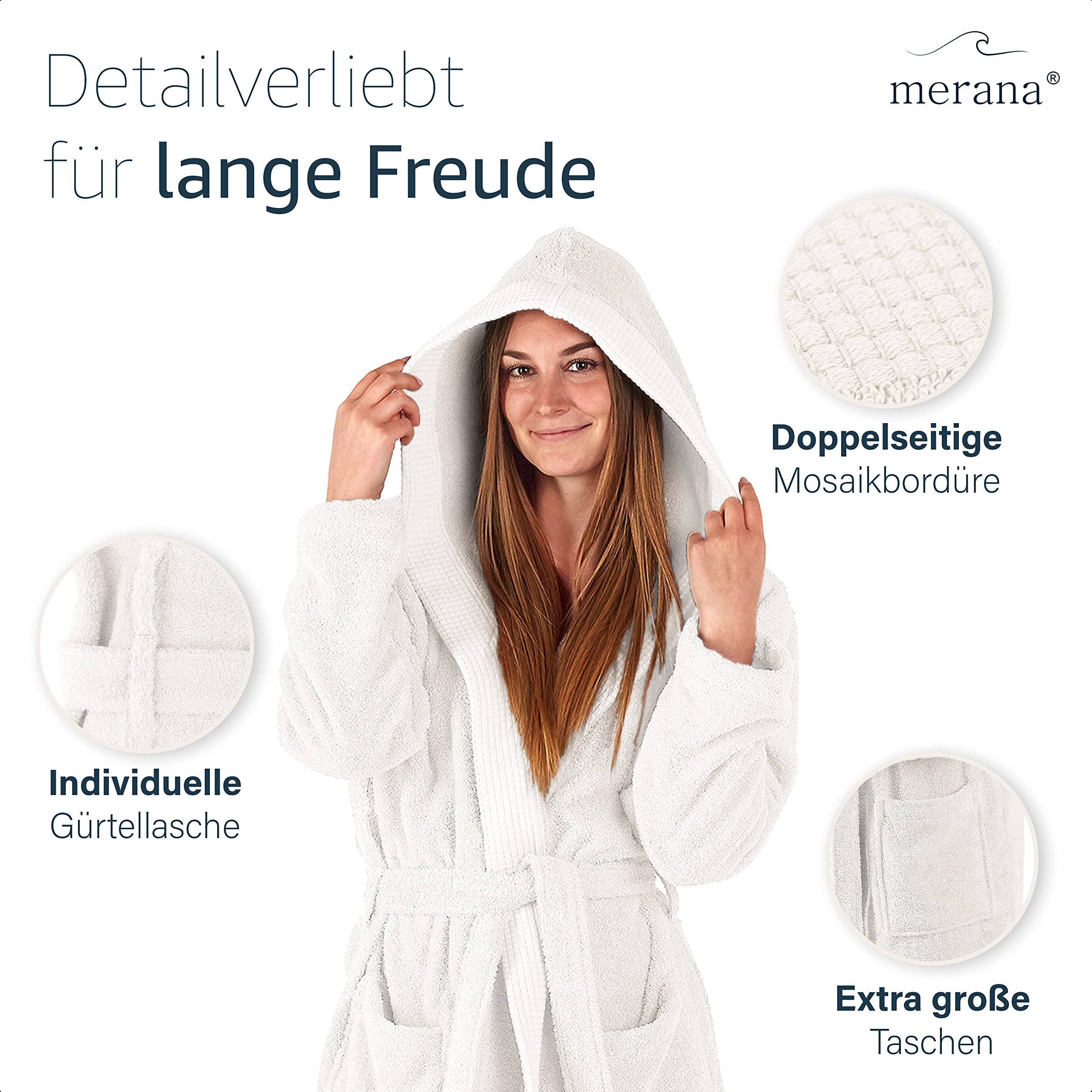 Merana Rome Bademantel Unisex | kuschelweicher und saugstarker Bademantel für Herren und Damen mit großer Kapuze | Frottier Luxus Qualität | 100% Baumwolle | Oeko-TEX | Premium Hotelqualität 450 GSM