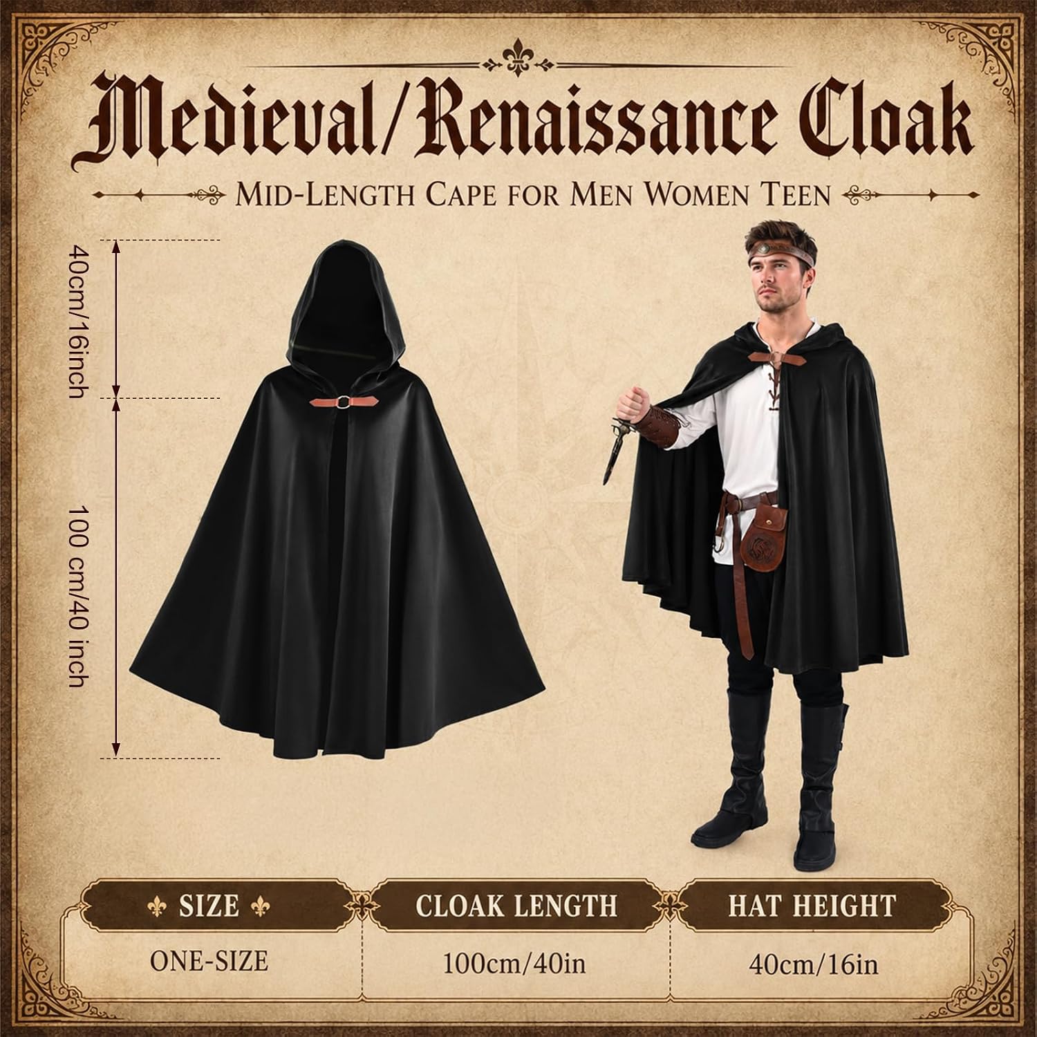 Renaissance Costume Men, 9 Pcs Hooded Cloak With Medieval Accessories