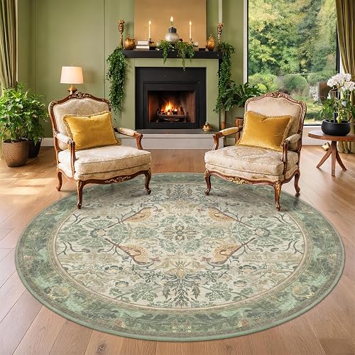 Hazo Haus Washable Sage Green 5ft Round Rug, Botanical Floral Bird Pattern