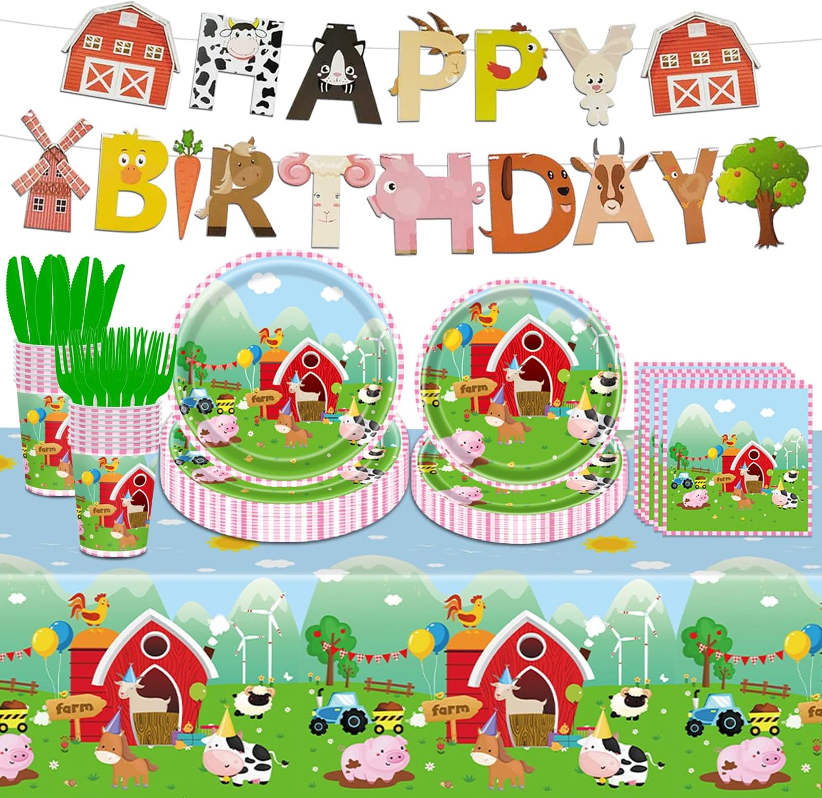 108PCS Farm Animal Birthday Party Supplies: Barnyard Animal Tableware Set, Paper Plates, Napkin, Balloon, Tattoo Stickers, Tablecloth, Banner, Serve 16