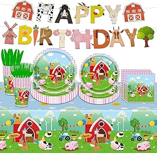 98PCS Farm Animal Birthday Party Supplies Barnyard Birthday Party Decoration for Boys Girls Barnyard Animal Tableware Set Farm Animal Paper Plates Napkins Cups Forks Knives Tablecloth Banner Serve 16
