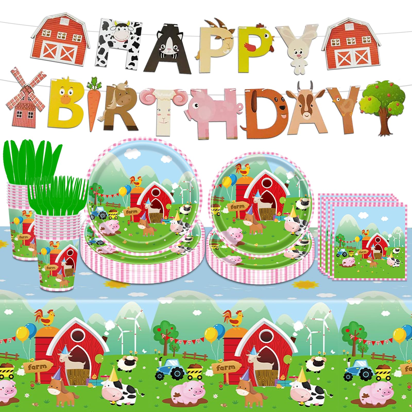 108PCS Farm Animal Birthday Party Supplies: Barnyard Animal Tableware Set, Paper Plates, Napkin, Balloon, Tattoo Stickers, Tablecloth, Banner, Serve 16