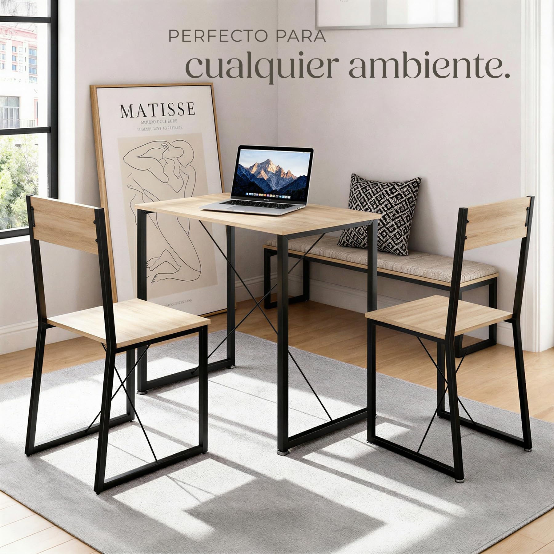 tectake Conjunto de Comedor, Juego de Dos sillas y Mesa para el salón, Conjunto de Asientos para la Cocina, Set de Muebles de Interior (Madera Industrial Clara)