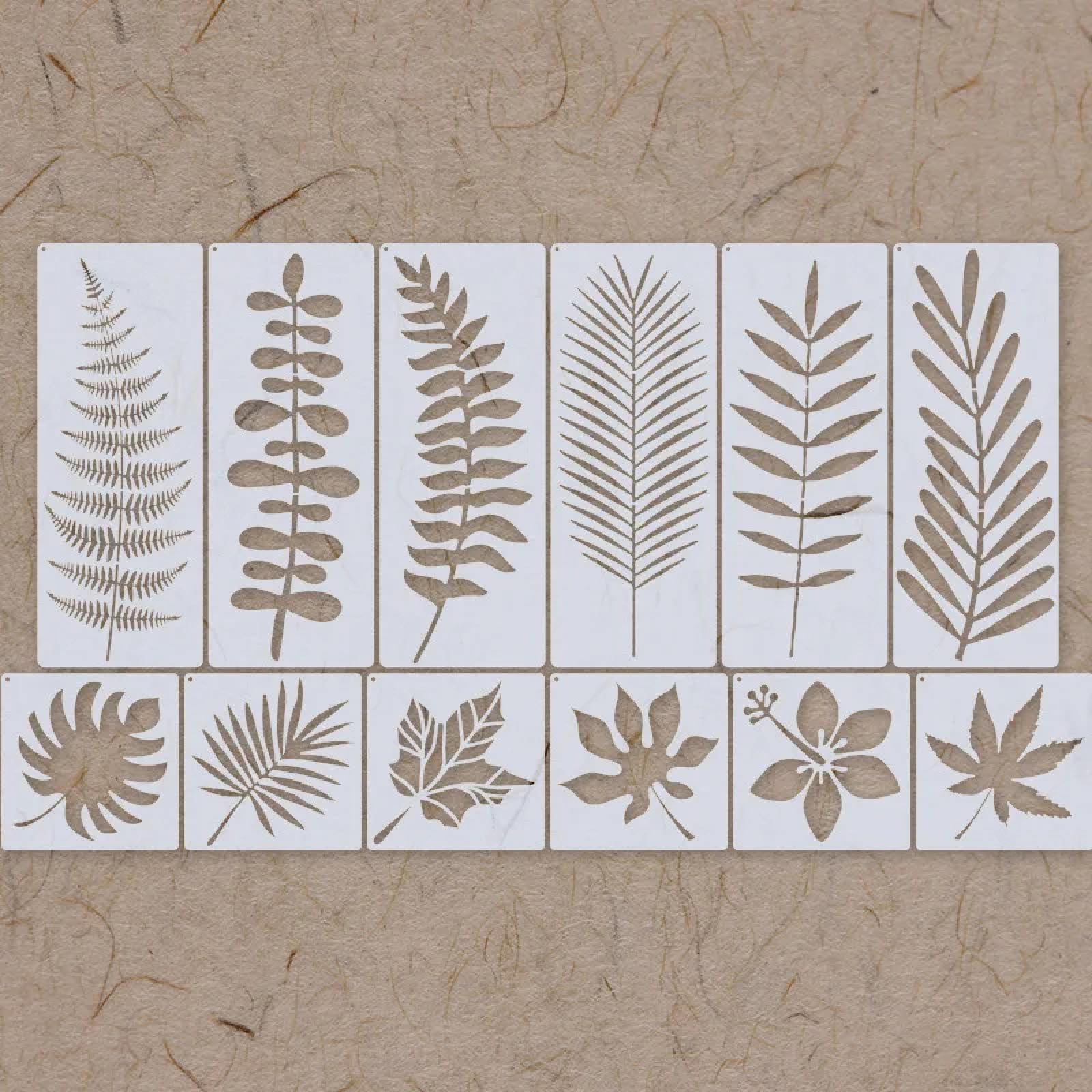 Stencil per dipingere su legno, 12 pezzi, 36 x 14 cm, motivo: foglie tropicali, riutilizzabili, per dipingere su legno, pareti, porte, tela, decorazione per la casa