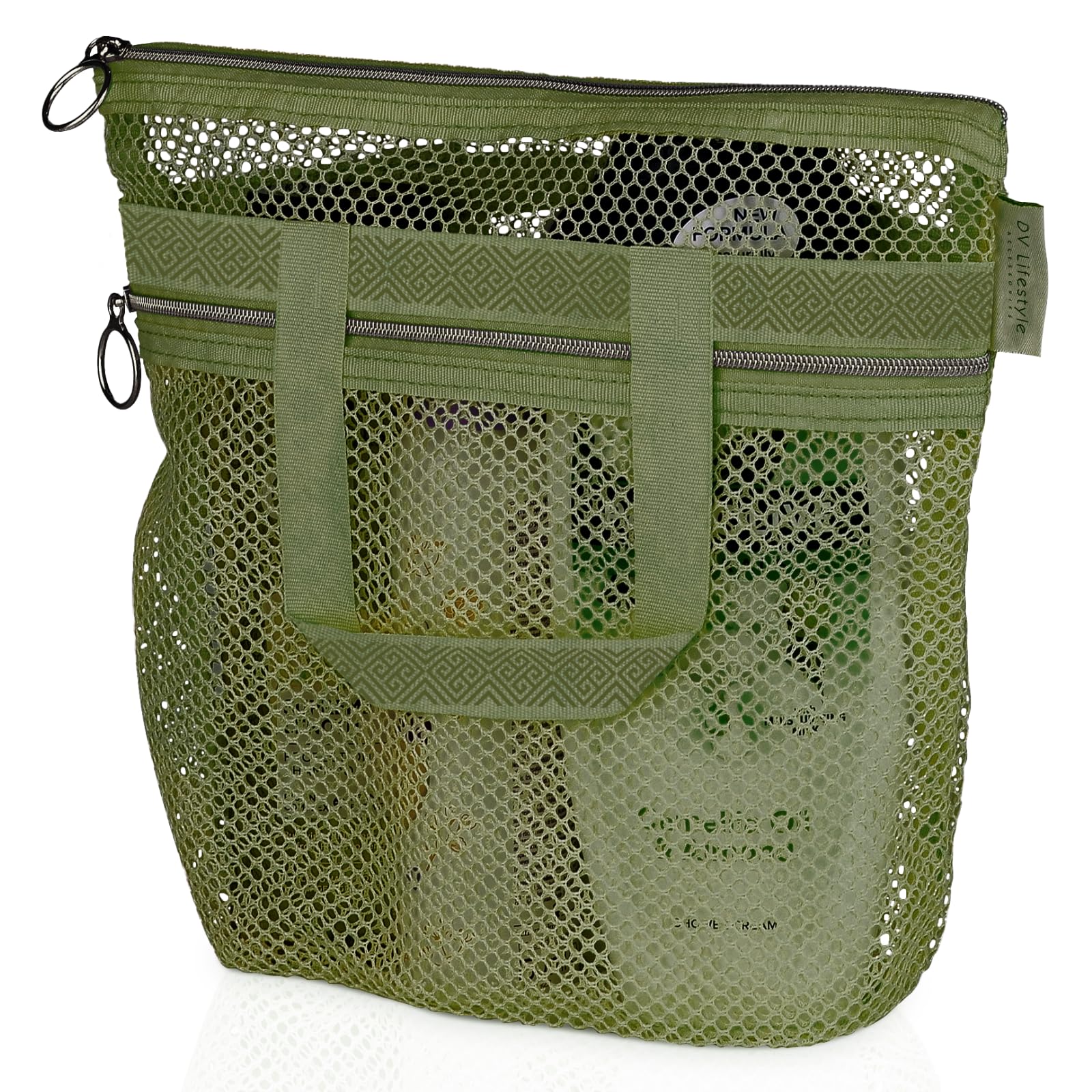 Dv Lifestyle Olive Green Mesh Shower Bag 25 X 26Cm Caddy With Zipper & 2 Pockets. Quick-Dry Portable Toiletry Tote For Bathroom, Gym, Travel, Camp, Beach, For Sunscreen, Dorm & College Essentials (Olive Green)