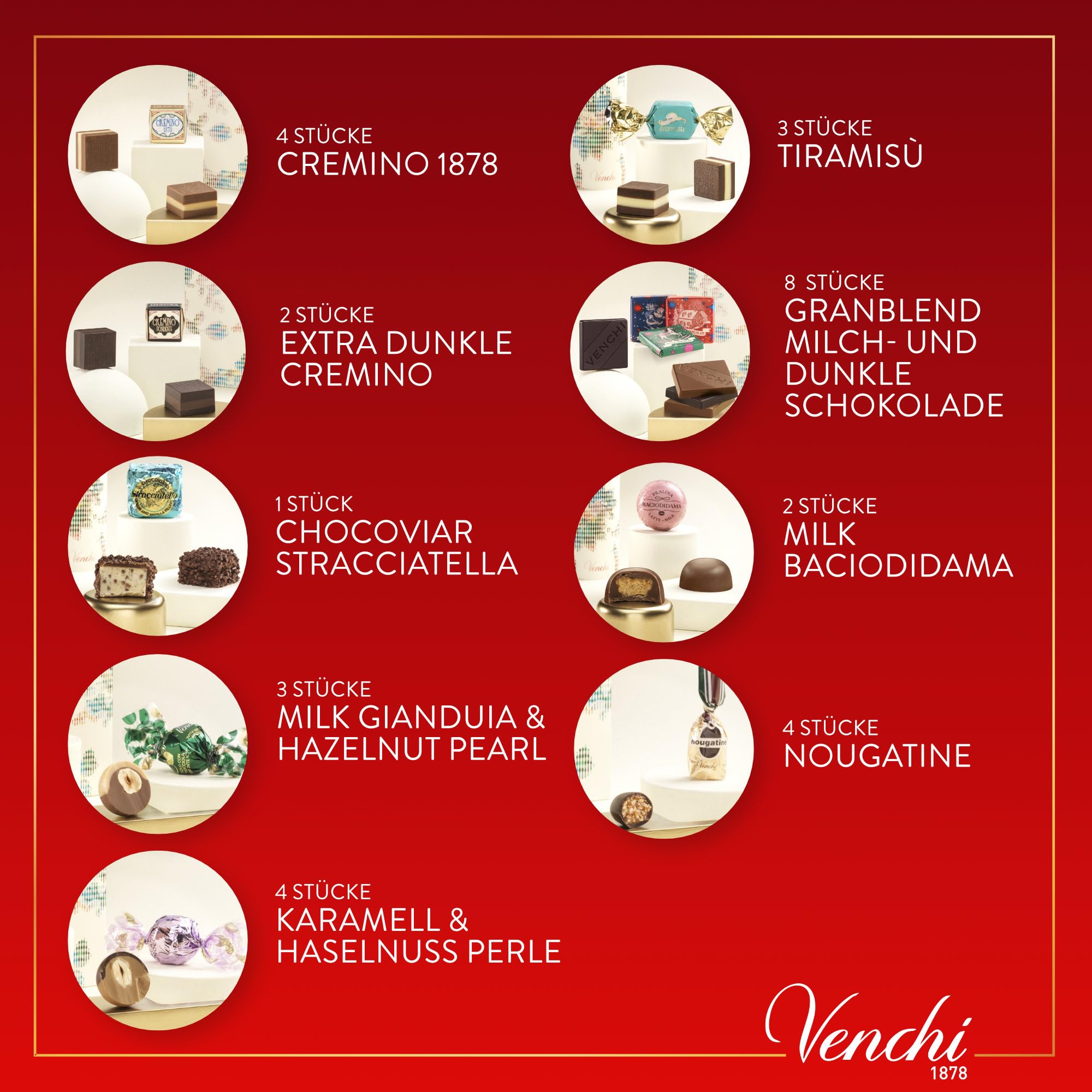 Venchi – Weihnachtskollektion – Adventskalender Prestige, 310 g - 31 Pralinen - Geschenkidee - Glutenfrei