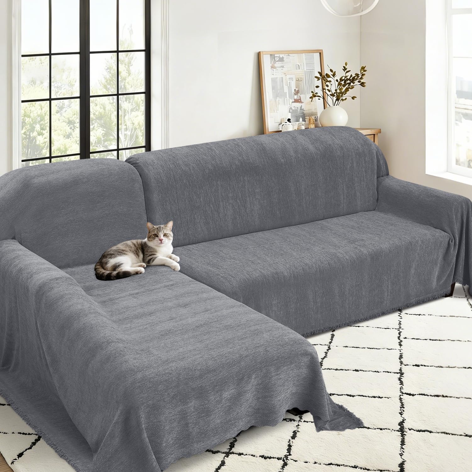 ALIECOM Sectional Couch Covers L Shape Sectional Sofa Cover for Dogs 2 Piece Thick Chenille L Shaped Couch Cover Blanket Chaise Sofa Slipcovers Pet
