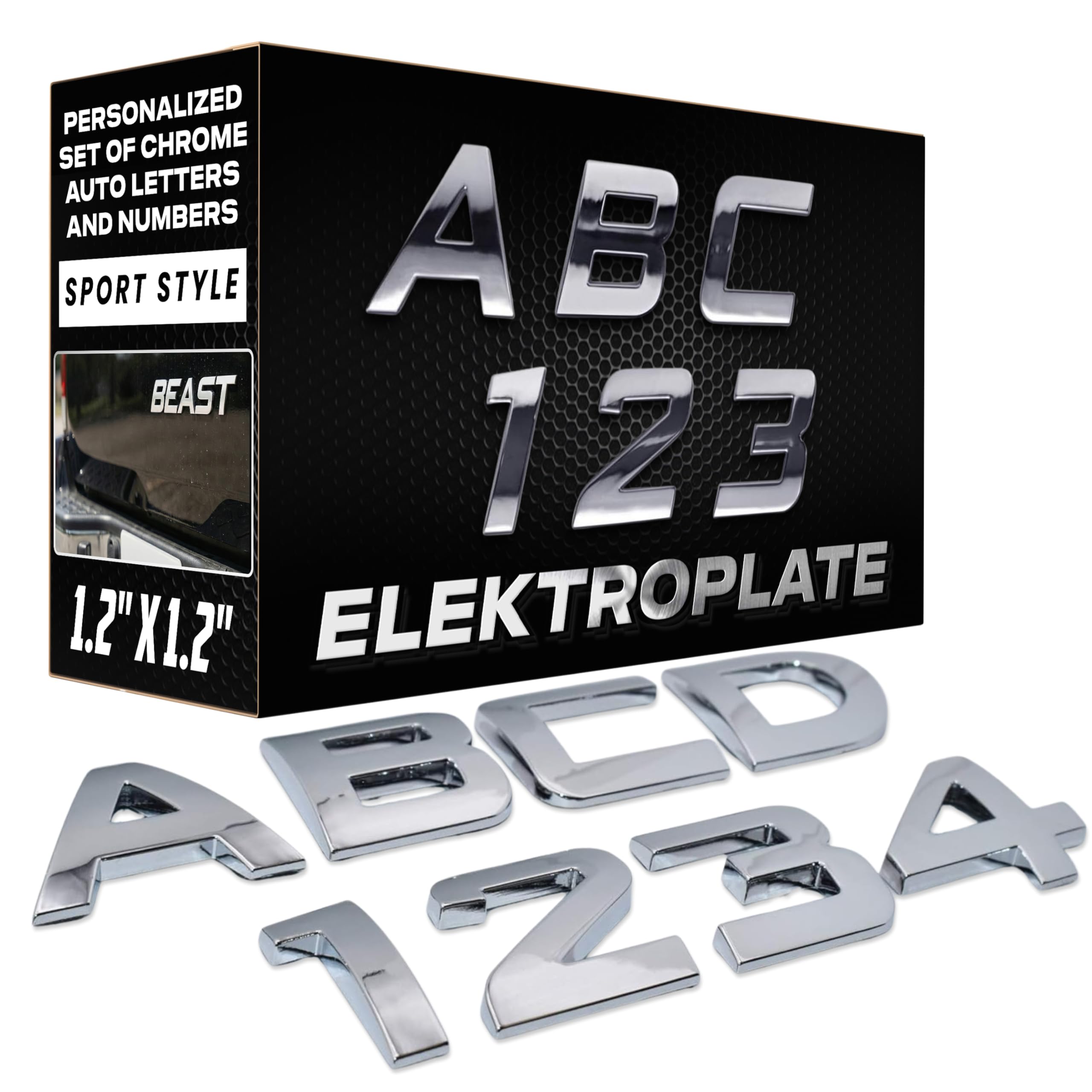 Elektroplate Personalized Set of Chrome Auto Letters and Numbers - Sport Style 1.2" x 1.2" | Premium Weatherproof Adhesive Emblems for Cars, Trucks, Motorcycles and More