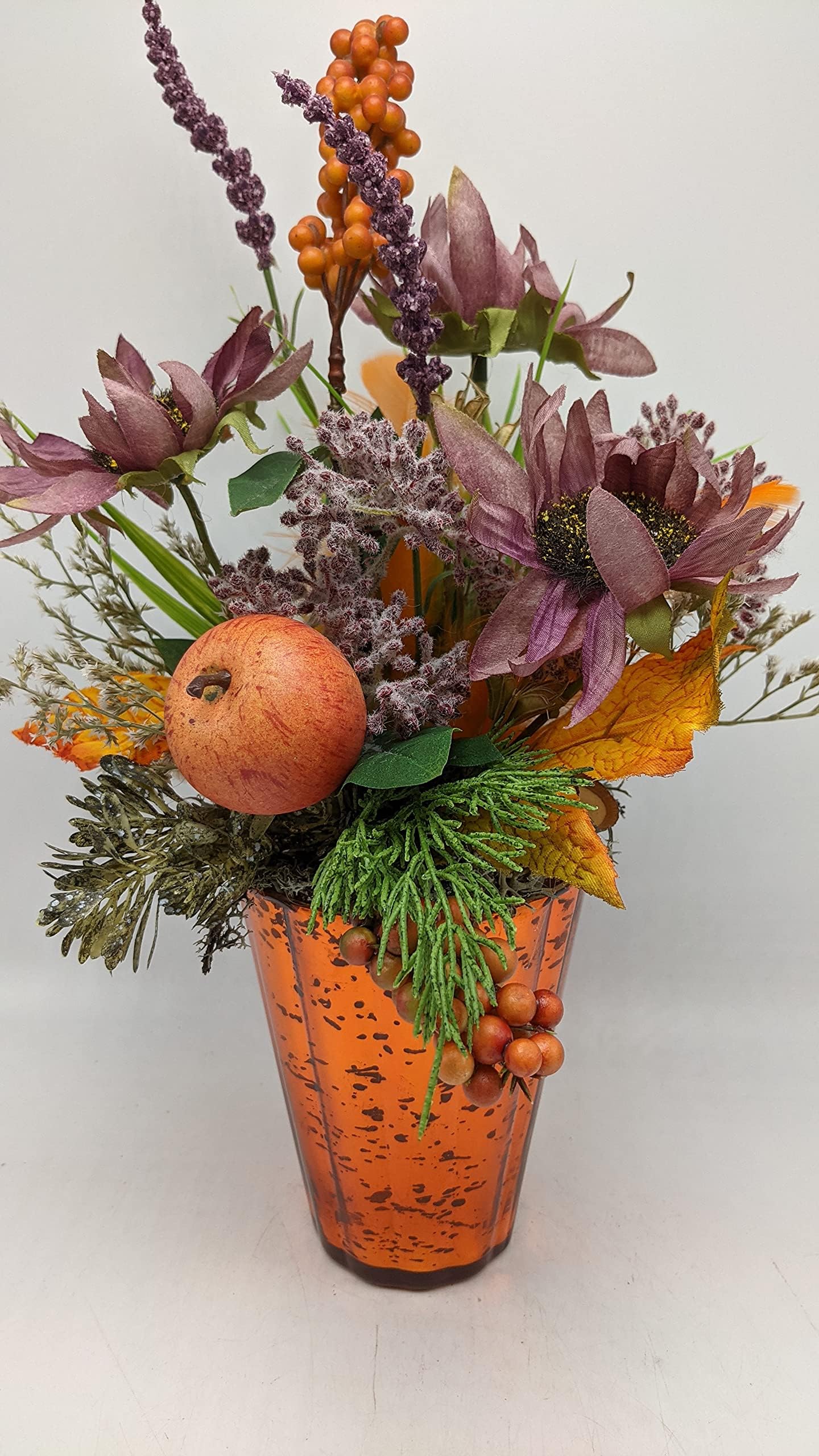 Tischgesteck Herbstgesteck Sonnenblumen Apfel Sanddorn lila orange