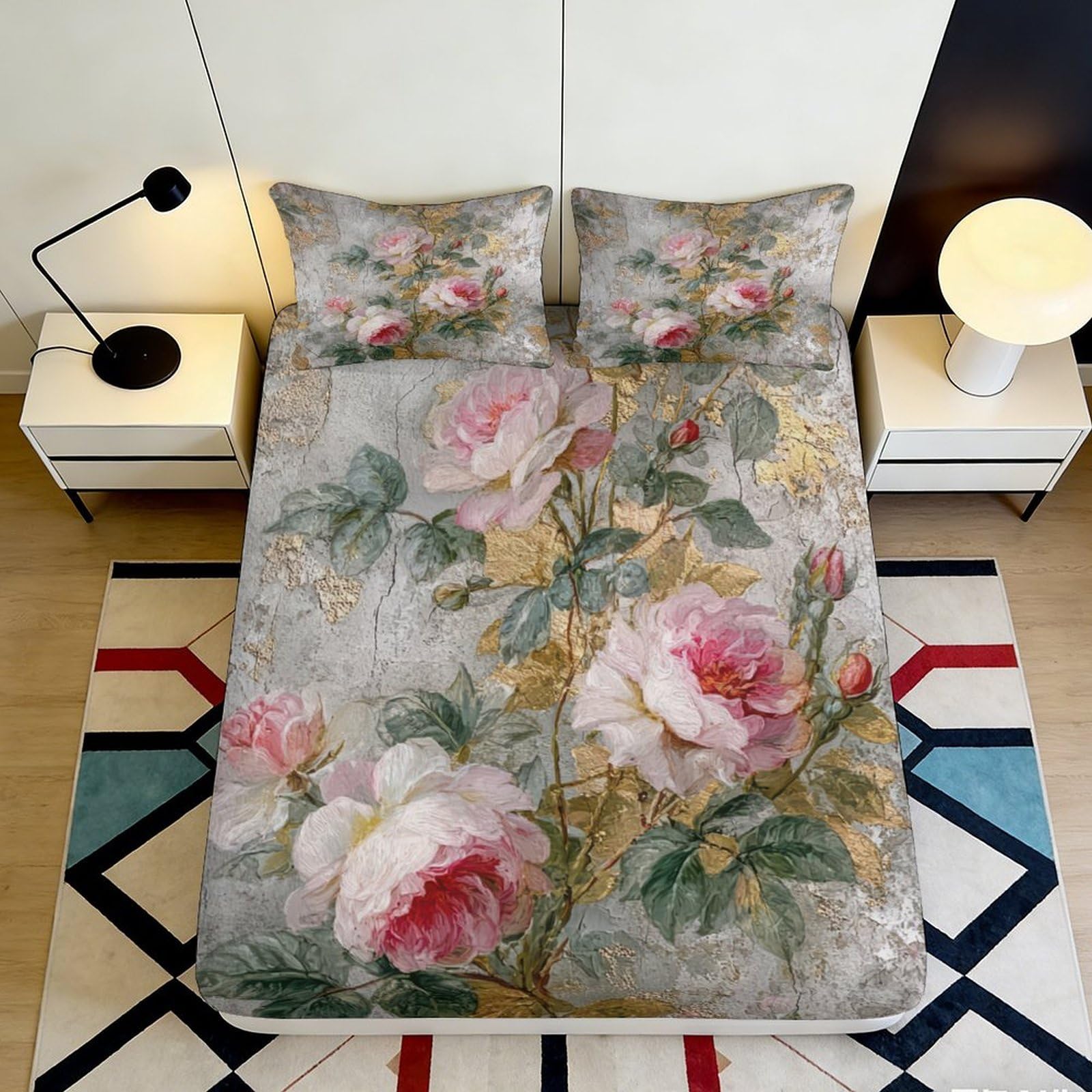 Kzqnxhjprl Style-8 3D Printed Peony Blossom Fitted Sheet Microfiber Soft Breathable Vintage Floral Mattress Cover For Bedroom Guest Room Decor 90X200x25cm