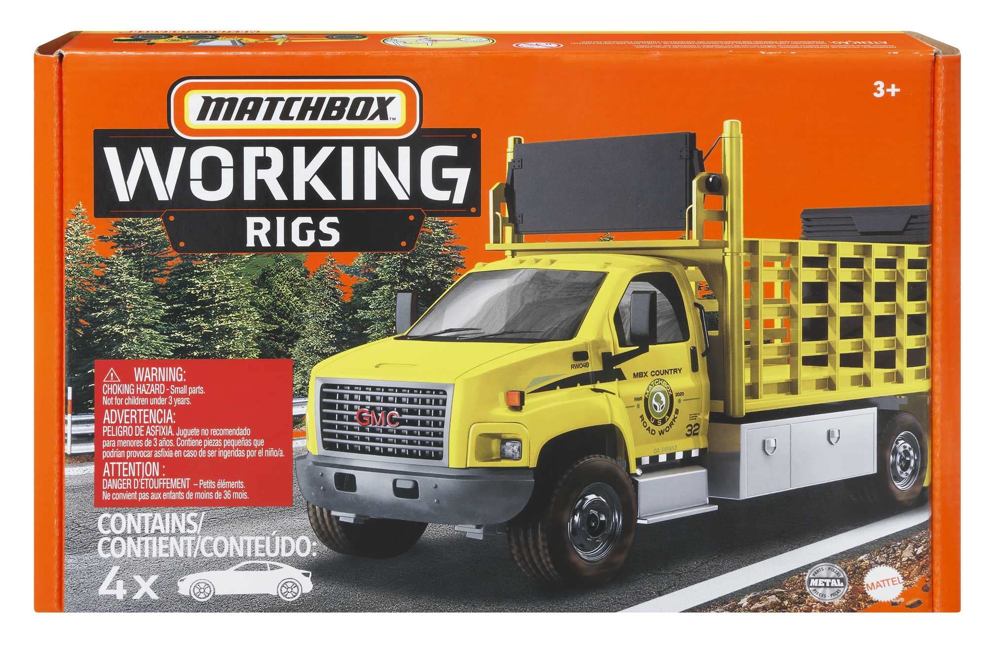 Matchbox Working Rigs Wielopak, 4 ulubione zabawkowe ciężarówki z ruchomymi elementami, dla dzieci od 3 roku życia i dorosłych kolekcjonerów, HCC07