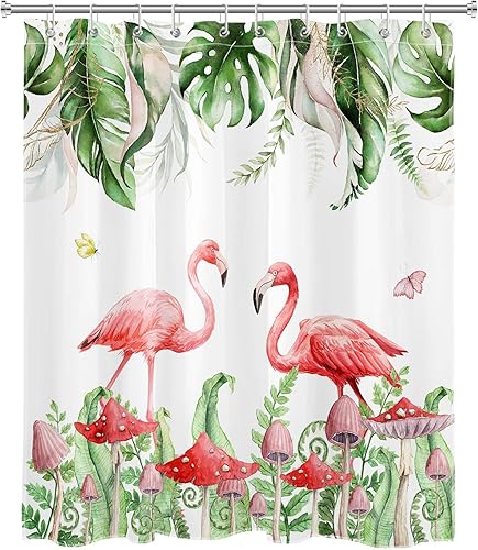 Miniatura 2 de Juego de cortinas de ducha de flamenco rosa, hoja verde salvia con hongo rojo, cortina de ducha para baño, cortina de ducha tropical de hoja de