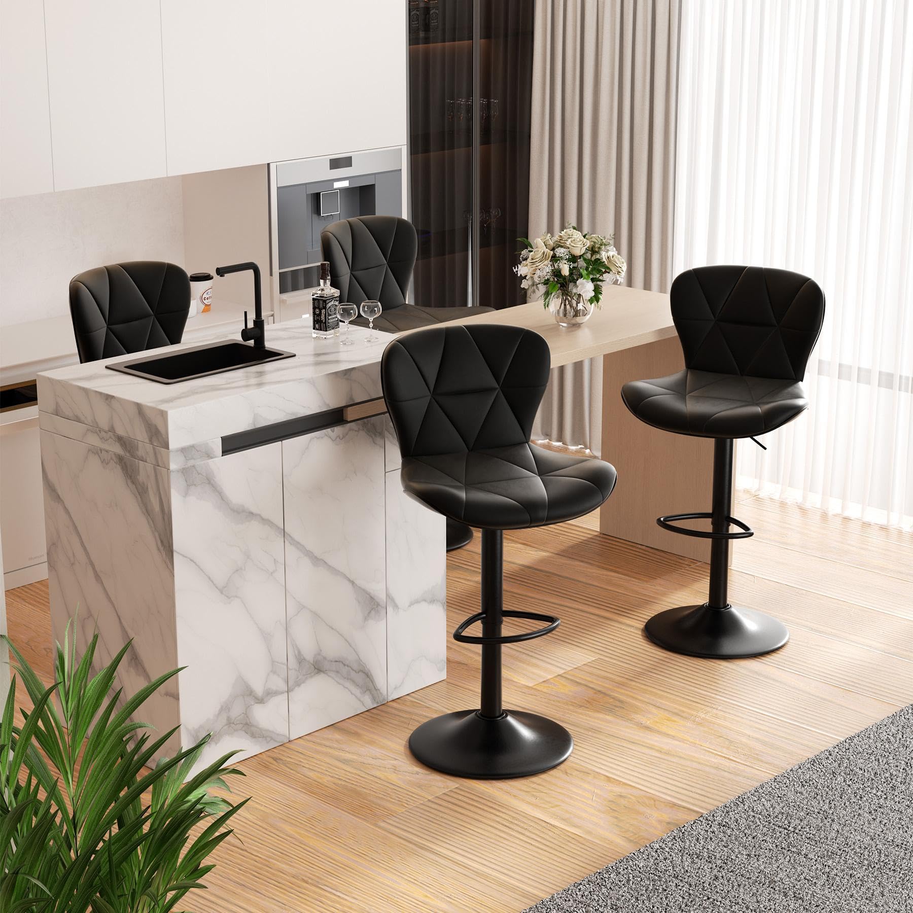 Hawthyhome Barhocker FU01034|Barstuhl Höhenverstellbar mit Rückenlehne, Höhenverstellbar, 360° Drehbar, Kunstleder, für Esszimmer Heimbar Kücheninsel, 2 x Hocker