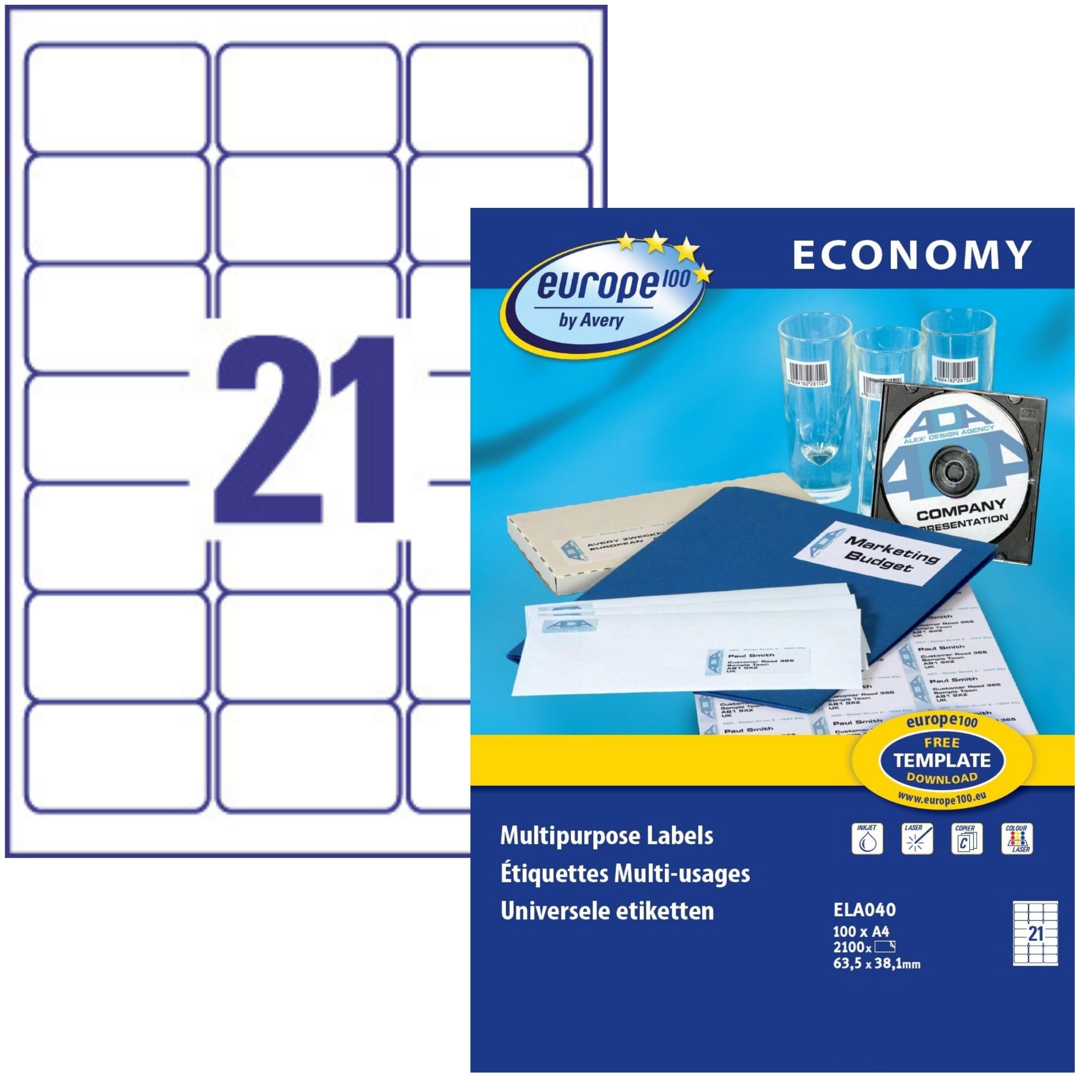 EUROPE 100 2100 Labels, 63.5x38.1mm, White, Multi-Purpose, Self-Adhesive Labels