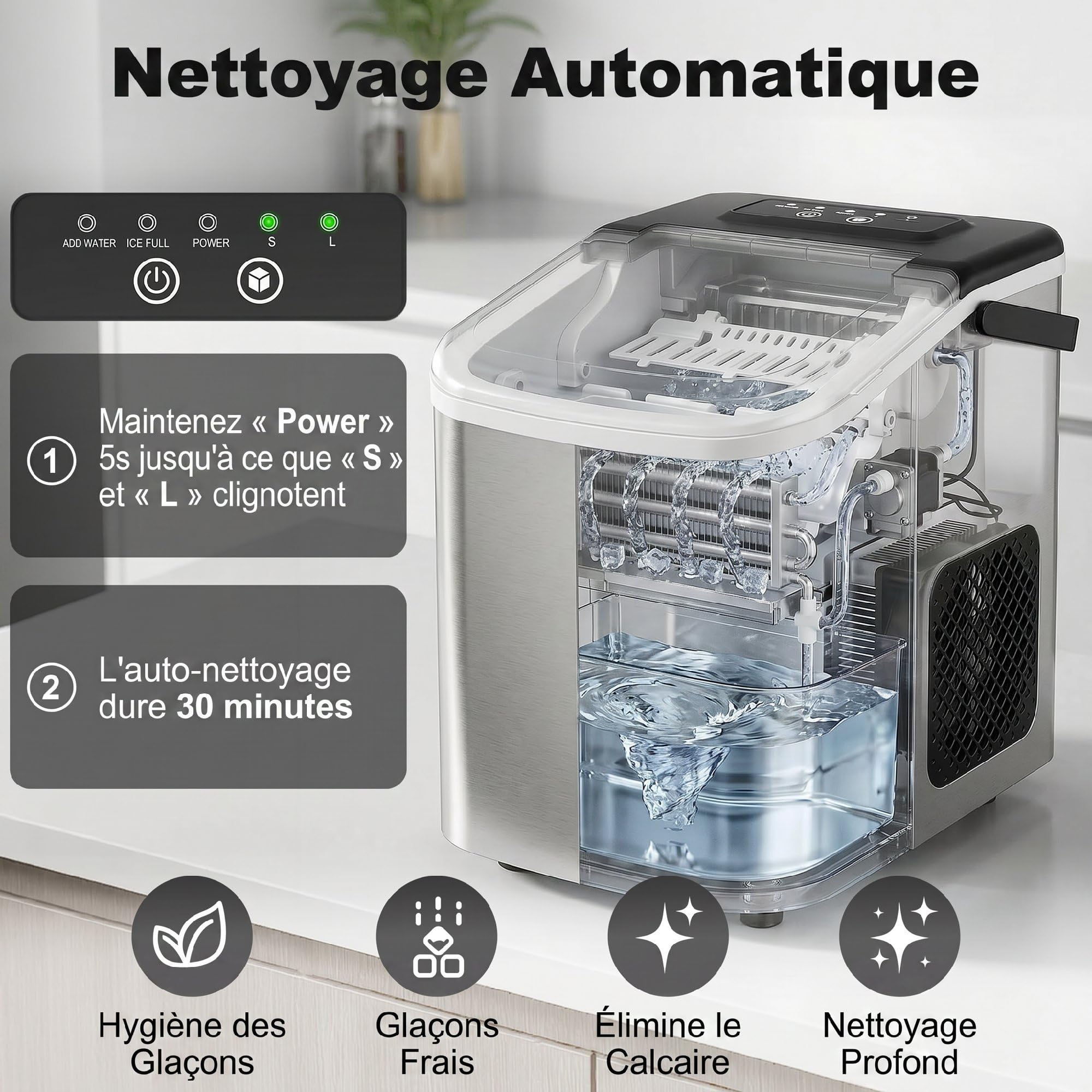 HOMCOM Machine à glaçons, 12kg en 24h, 9 glaçons en 7 minutes, ice maker portable avec fonction autonettoyante, panier et pelle, machine à glaçons pour maison, cuisine, bureau, bar, argent