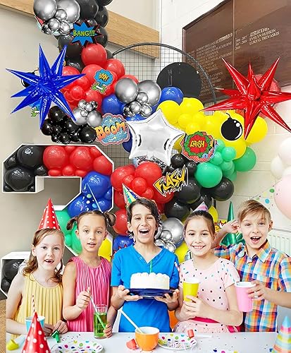 Miniatura 7 de Kit de guirnalda de globos de superhéroe, globos rojos, azules, verdes, amarillos, negros, globos y globos de estrella, calcomanías de tarjetas para
