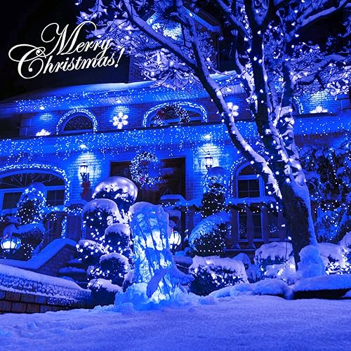Miniatura 5 de JMEXSUSS 600 luces LED solares azules de Navidad, 206.7 pies, luces azules de Navidad al aire libre, impermeables, 8 modos de luces solares al aire