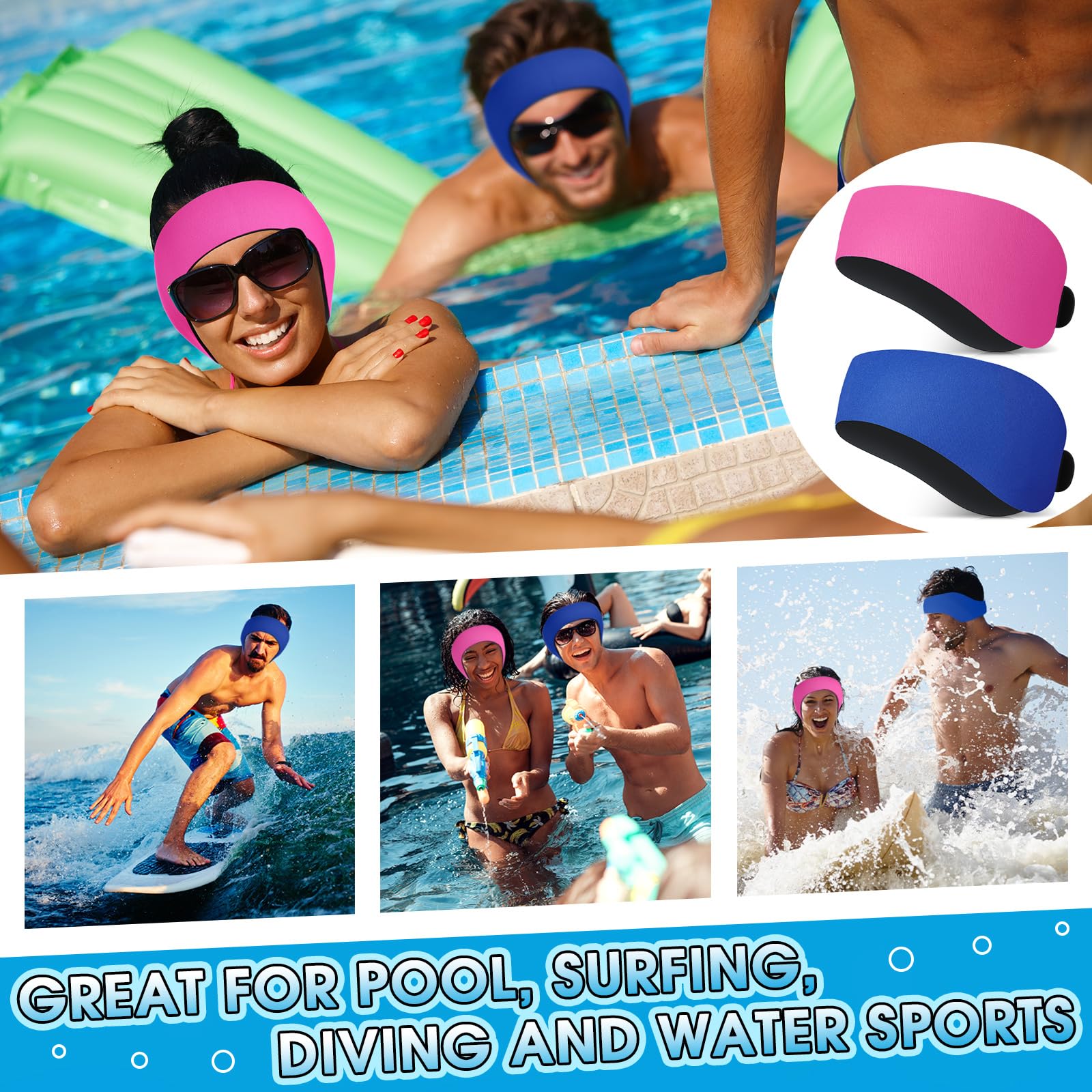 Lunmon 2 pares de diademas de natación ajustables para adultos, impermeables, tapones de seguridad para los oídos, protectores de natación para piscina, surf, buceo y deportes acuáticos (azul, coral)