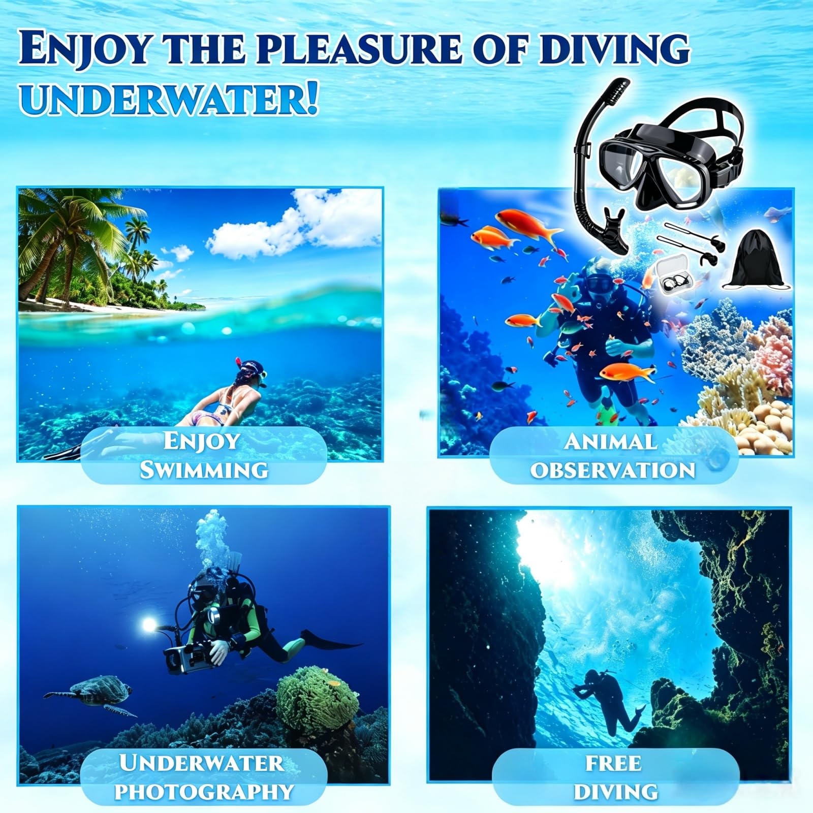 Kit de snorkeling optique avec force visuelle, dioptrie : de 0 à -9, kit de plongée pour adulte avec bouchons d'oreilles et sac de rangement, tuba sec, lentille en verre trempé