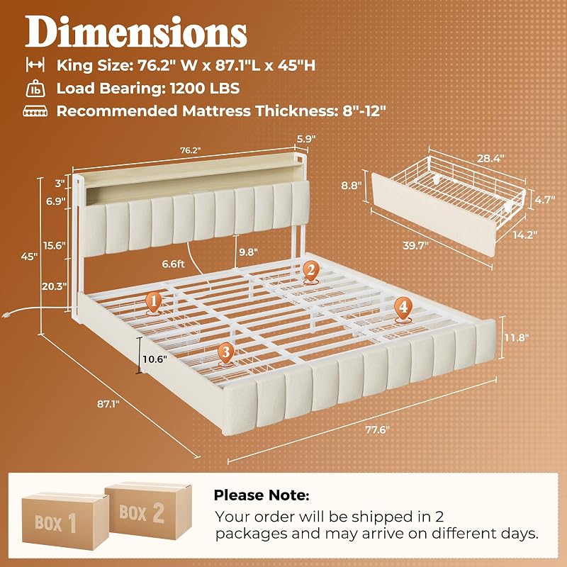 PRAISUN Bed Frame King Size with Upholstered Headboard & Charging Station, King Bed Frame with 4 Storage Drawers, 2-Tier Open Shelves, No Box Spring Needed, Slient Foam Strip, Easy Assembly, Beige image 2